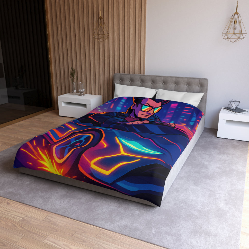 Housse de couette urbaine rétro futuriste avec néons et voiture sportive élégante
