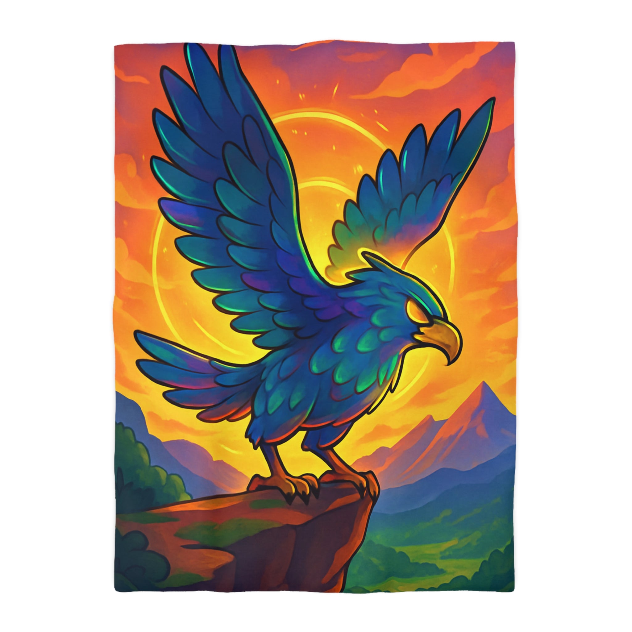 Housse de couette montagneuse avec aigle majestueux et vue spectaculaire au lever du soleil