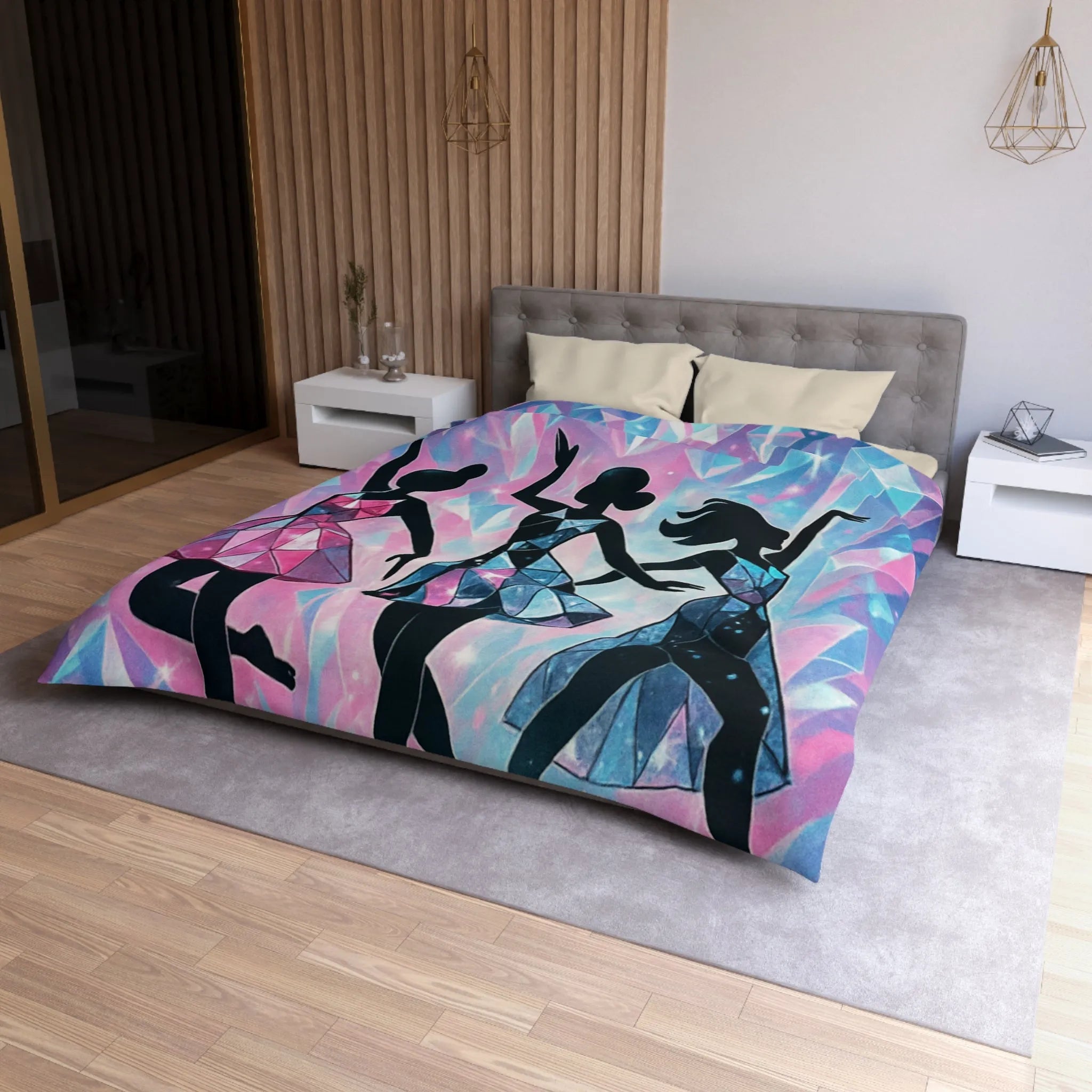 Élégantes silhouettes de danseuses avec motifs géométriques sur fond cristallin scintillant