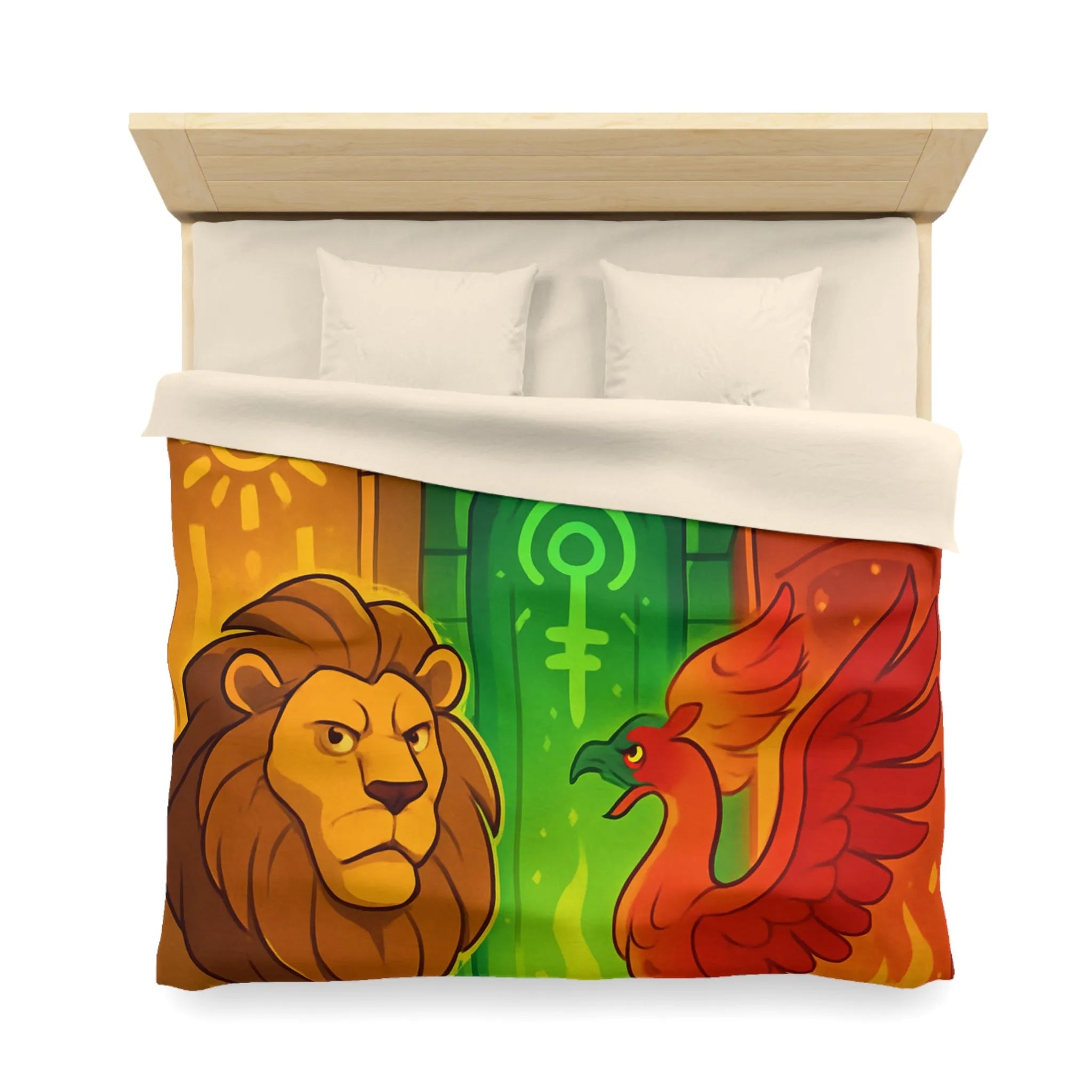Housse de couette avec motifs lion, serpent et phénix sur fond médiéval magique