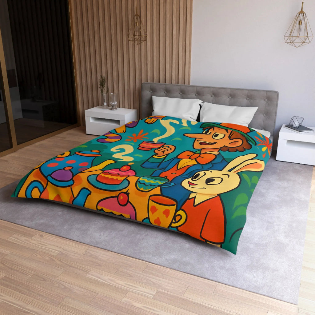 Housse de couette colorée avec scène de thé joyeuse inspirée d'un conte fantaisiste