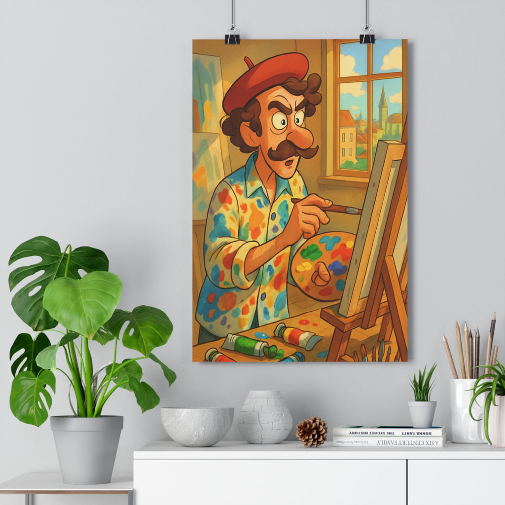 Poster décoratif cartoon coloré vibrant joyeux salon chambre artiste peinture moustachu béret urbain qualité