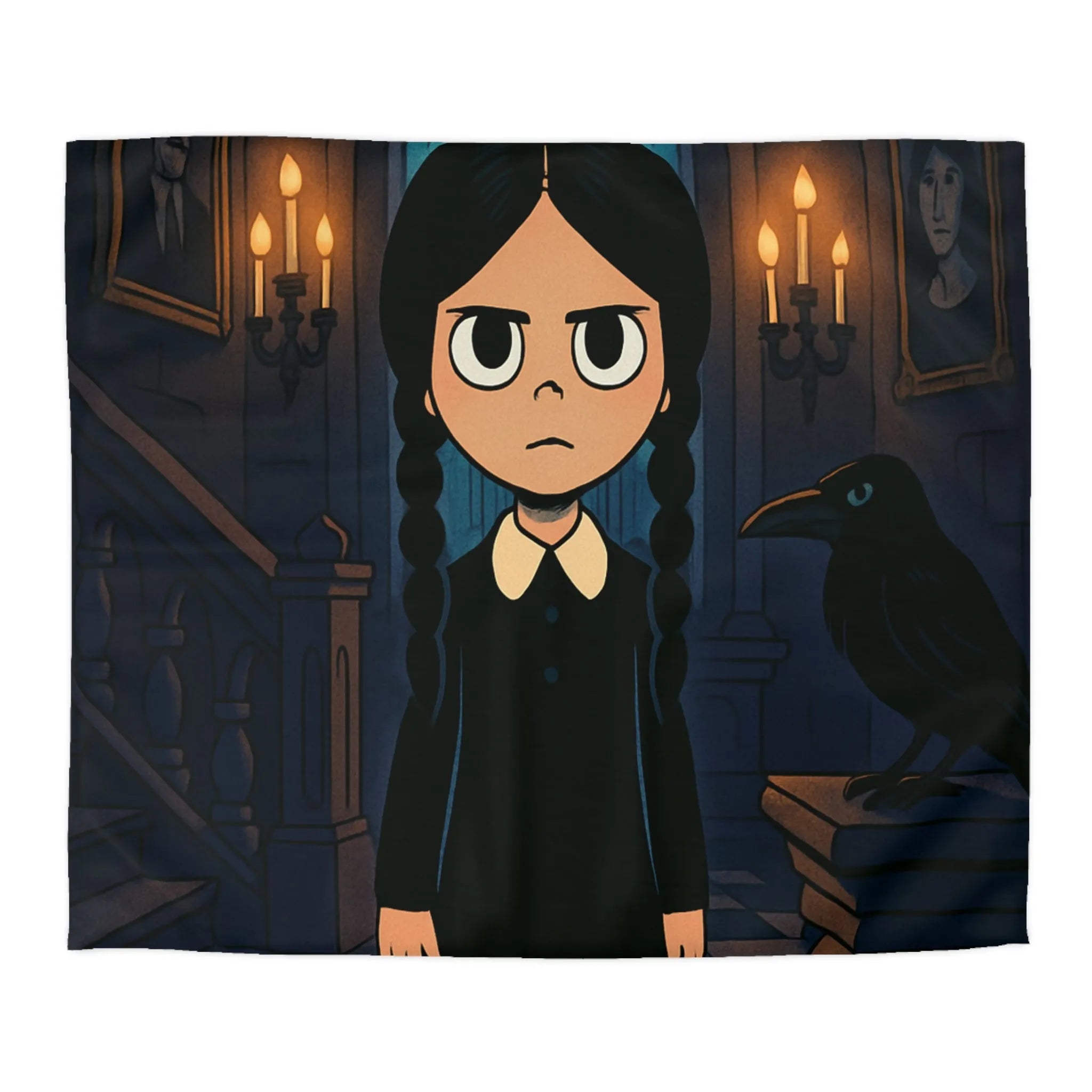 Housse de couette gothique avec motif enfant et corbeau, ambiance colorée et mystérieuse