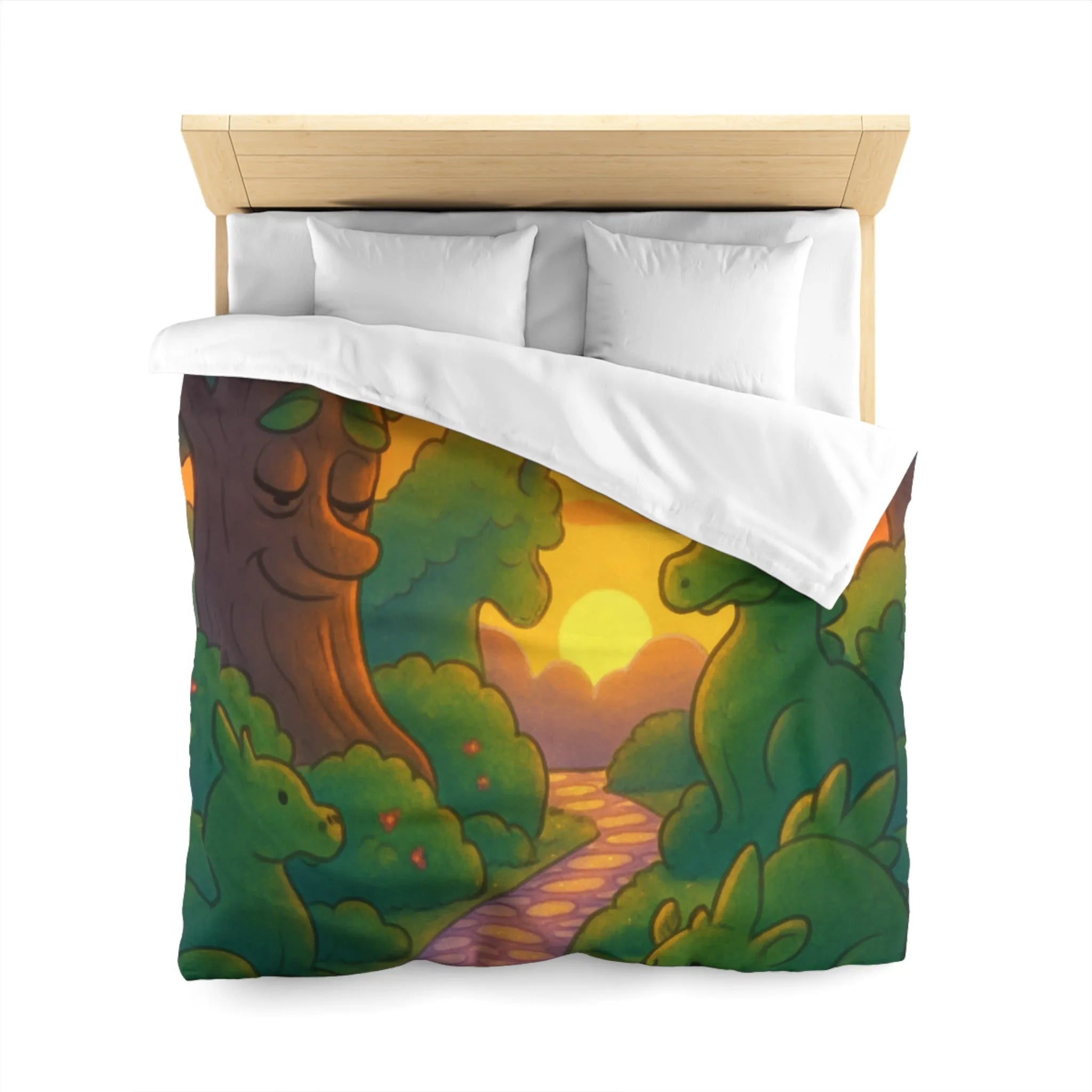 Housse de Couette Enchantée avec Dinosaure au Coucher du Soleil pour Chambre Enfant