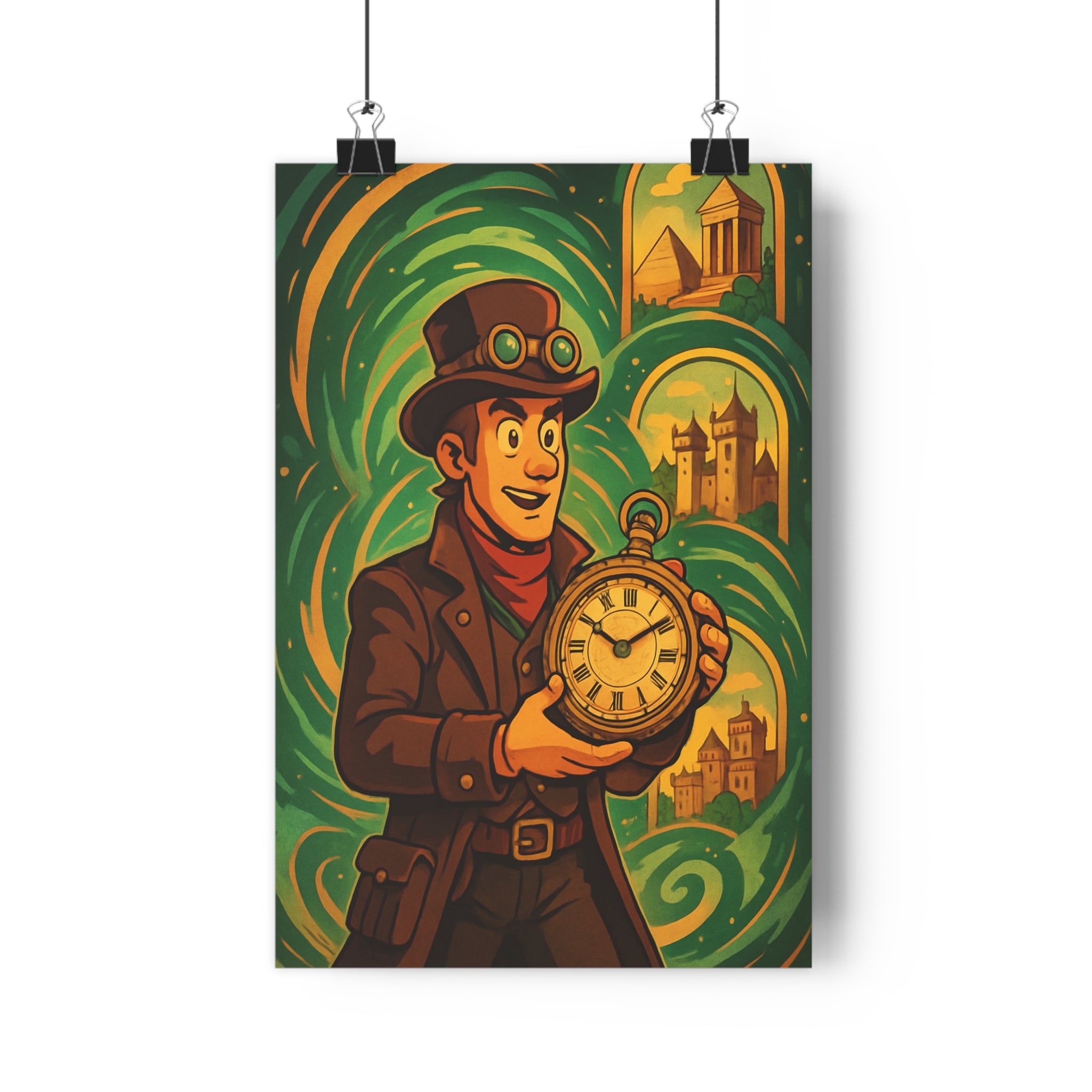 Poster décoratif cartoon steampunk aventure vert doré mystère salon chambre bureau tendance vintage qualité