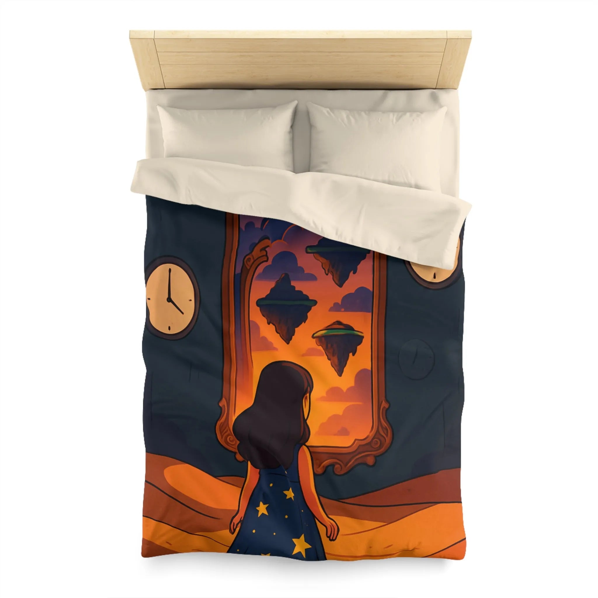 Housse de couette magique: paysage flottant, horloges rêveuses et fille contemplative