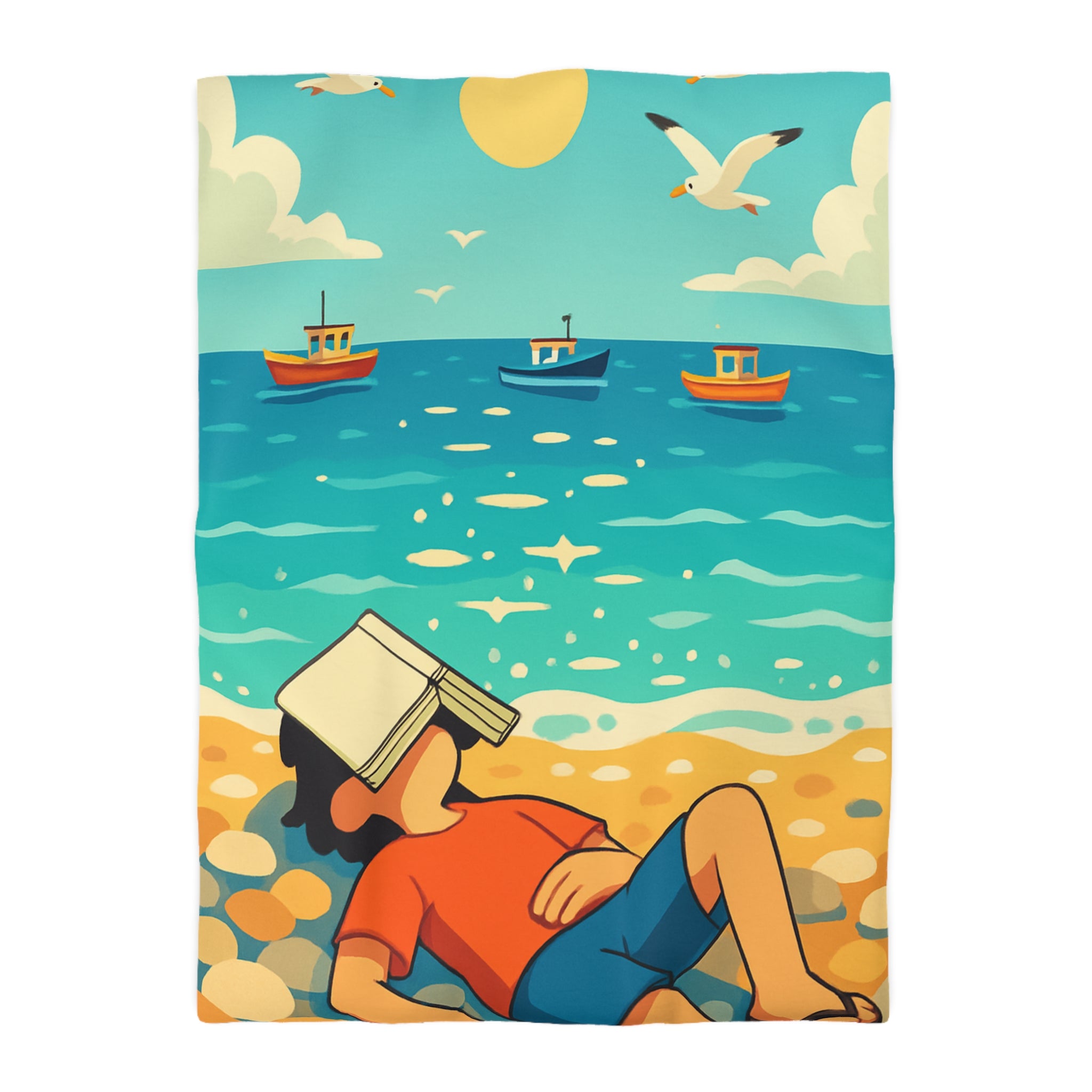 Housse de couette plage relaxante avec enfant, livre et mouettes en été ensoleillé