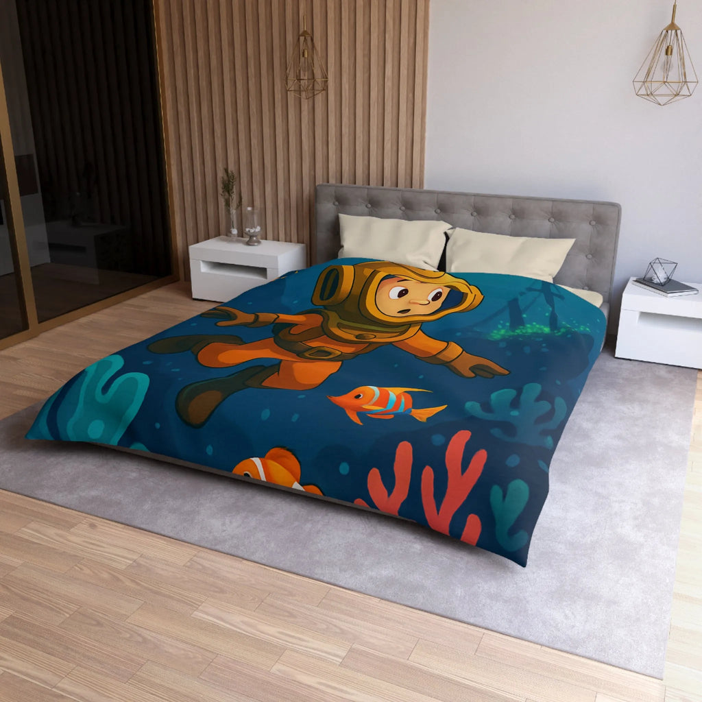 Housse de couette colorée enfant : plongeur sous-marin, poissons tropicaux et épave mystérieuse