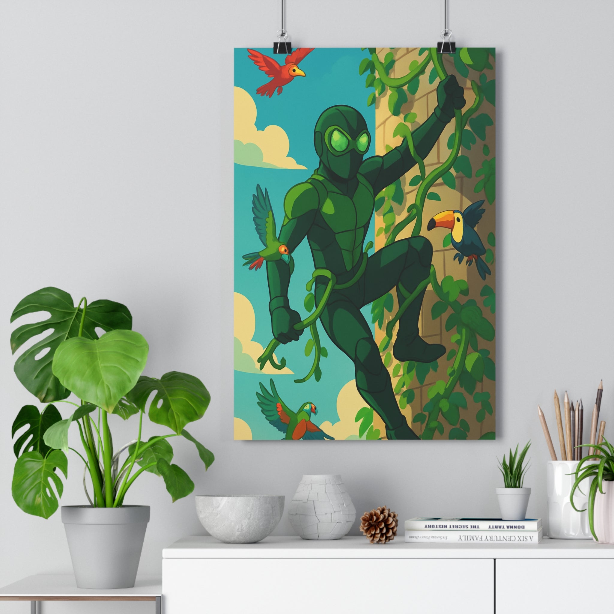 Poster décoratif superhéros vert cartoon écologique dynamique coloré joyeux salon enfant mur déco ambiance