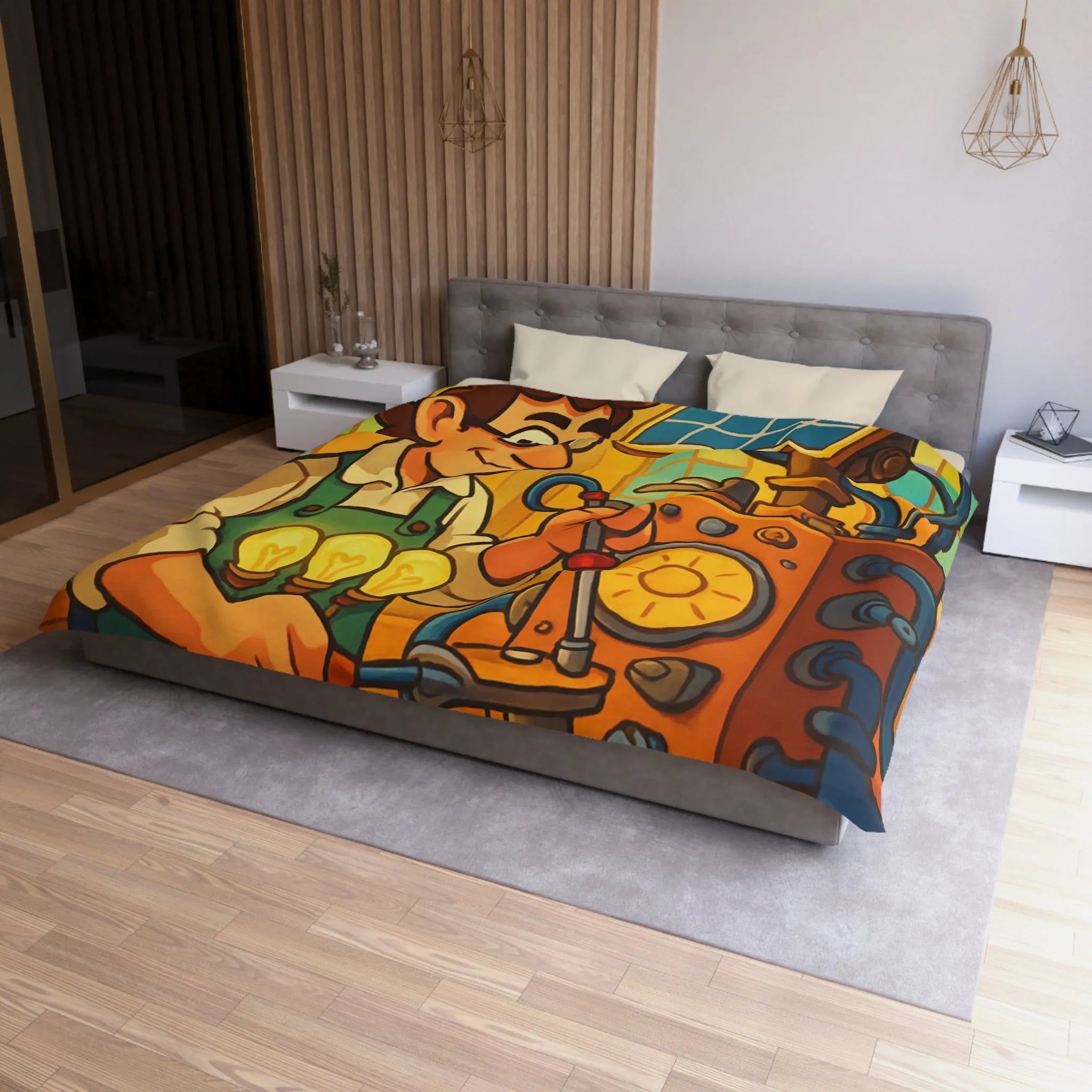 Housse de Couette Illustre Inventeur avec Machine Énergétique et Vitrail Coloré Artistique