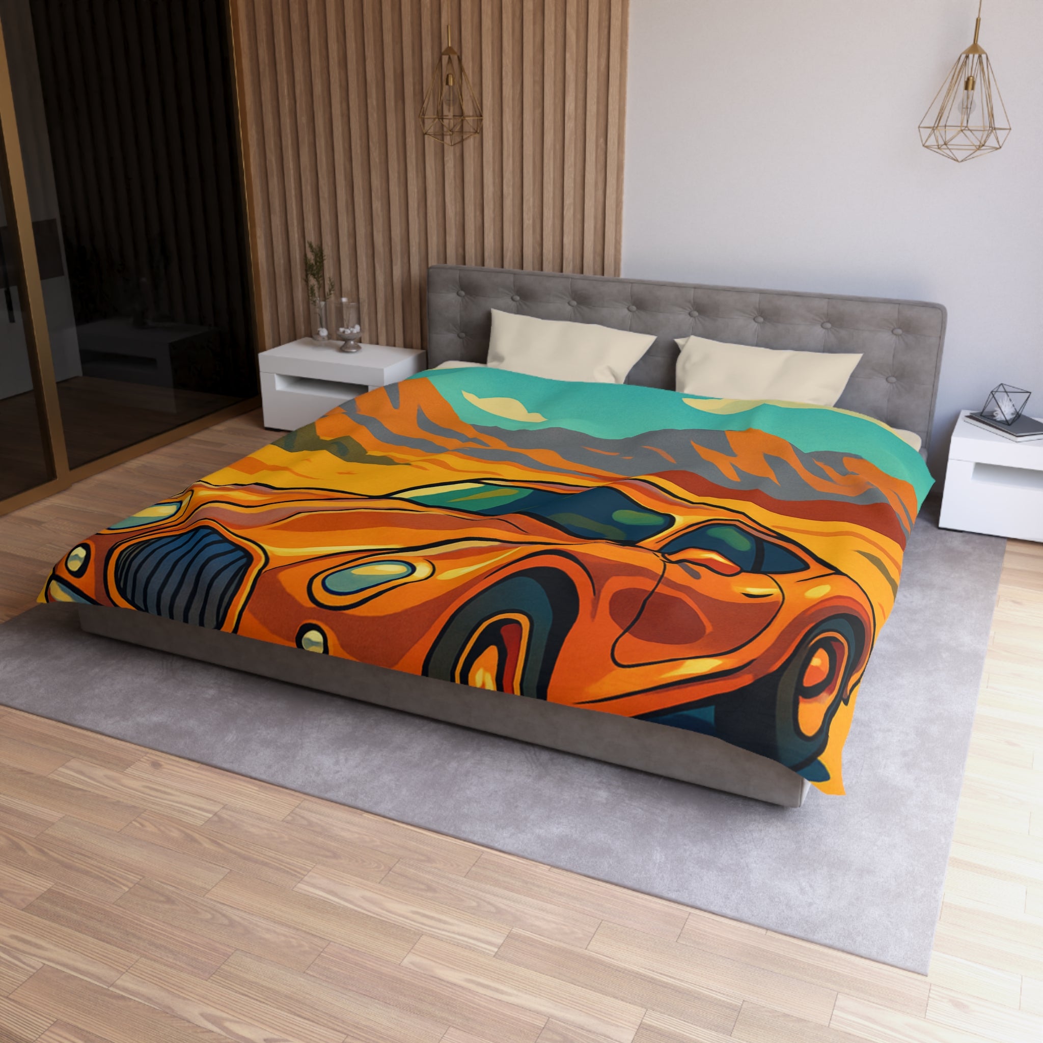 Housse de couette style rétro avec voiture orange désert paisible montagnes lointaines