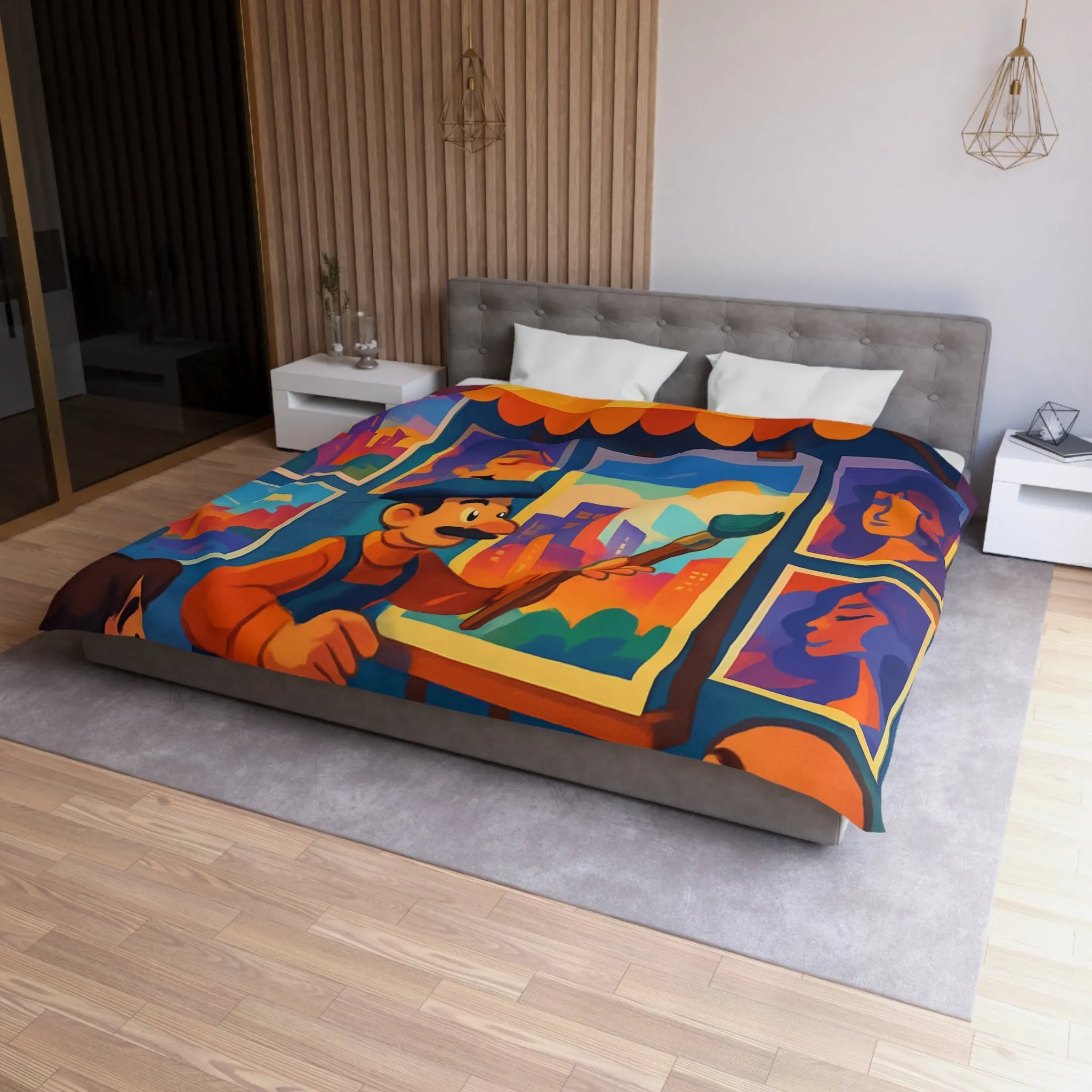 Housse de couette artistique avec scènes de rue vibrantes et peintures colorées