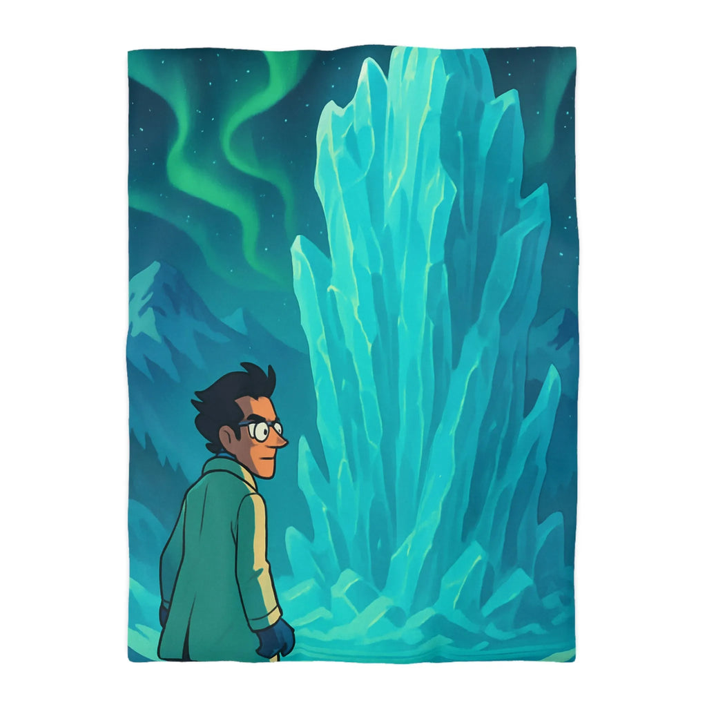 Décor polaire avec icebergs géants et exploration nocturne sous aurores boréales glaciales