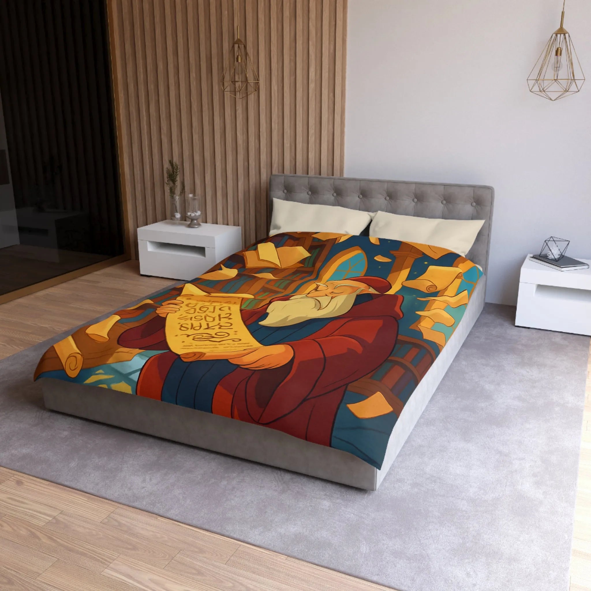 Housse de couette élégante avec design de bibliothèque, parchemins et sage en robe rouge