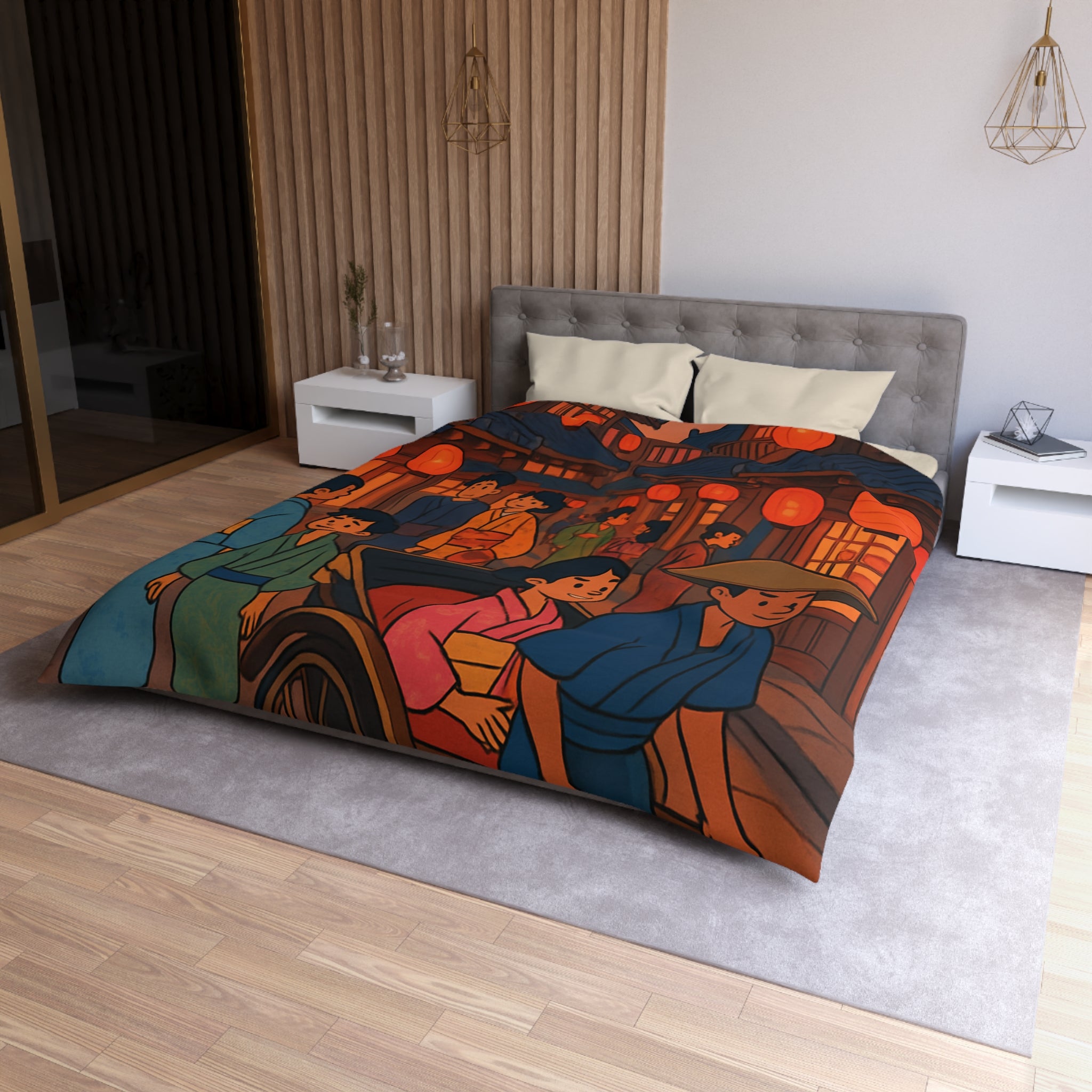 Housse de couette nocturne rouge et jaune avec lanterne et scène japonaise animée