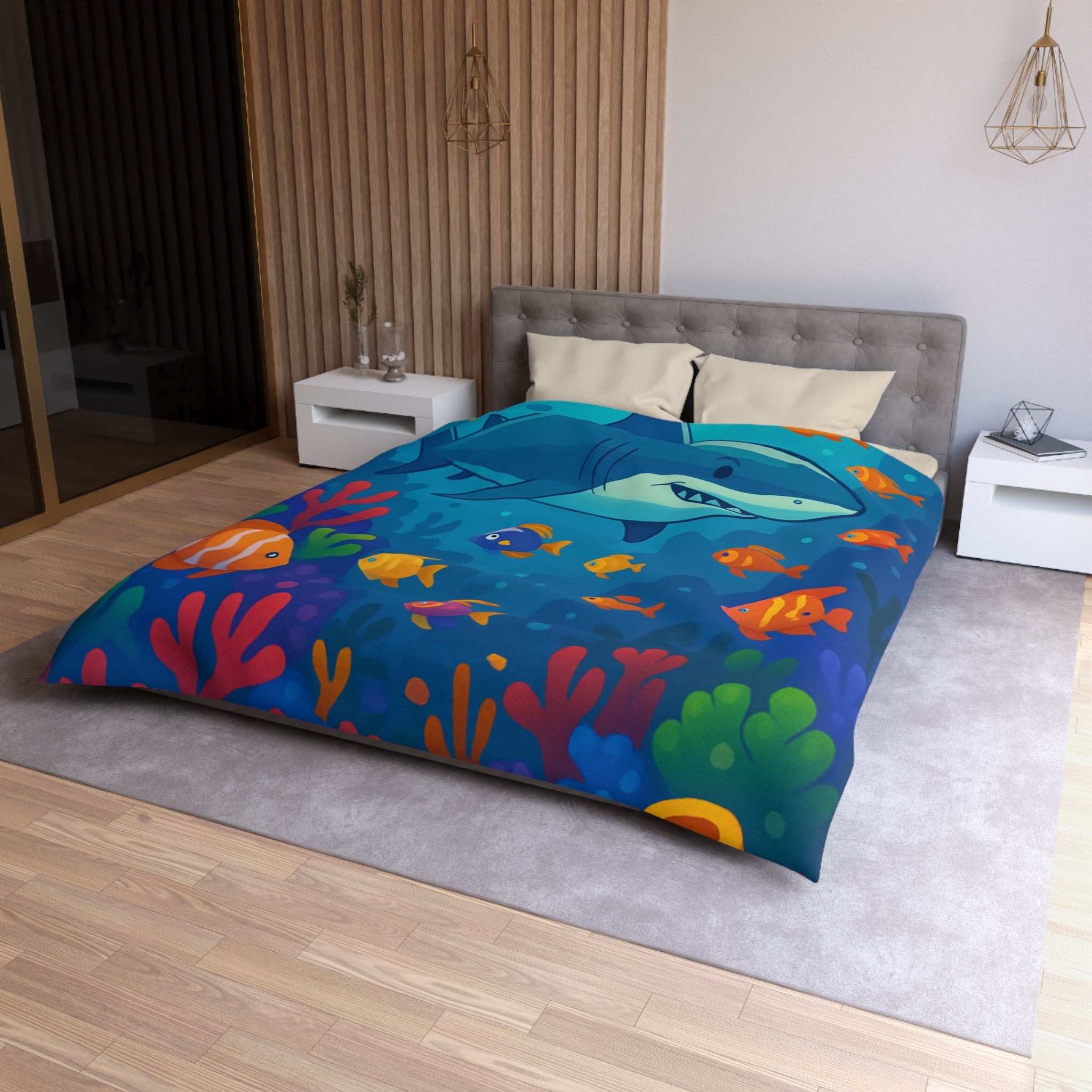 Housse de Couette Océan Coloré avec Requin et Poissons Tropicaux Pour Enfants