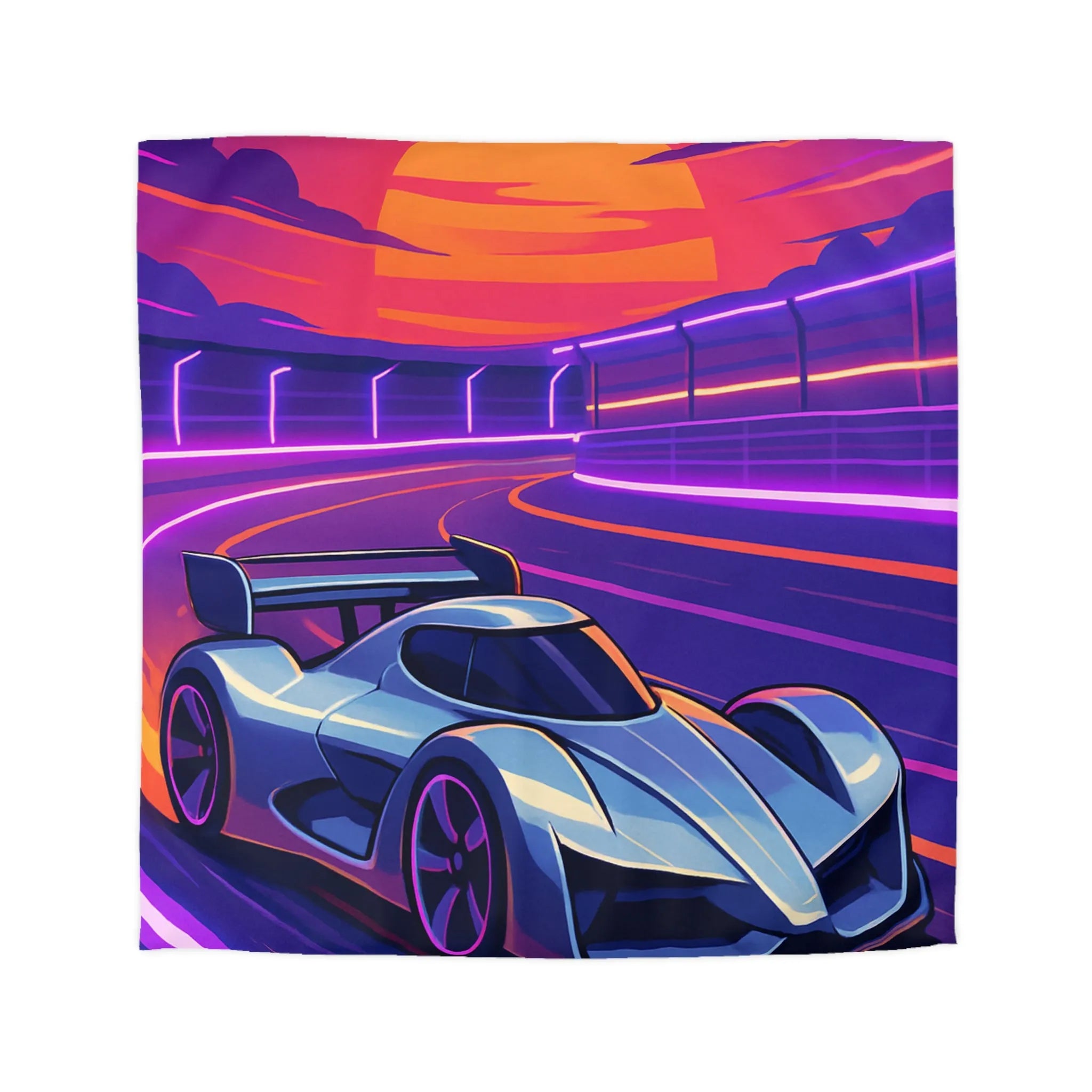 Housse de couette de voiture futuriste dérapante sur circuit éclairé au coucher du soleil