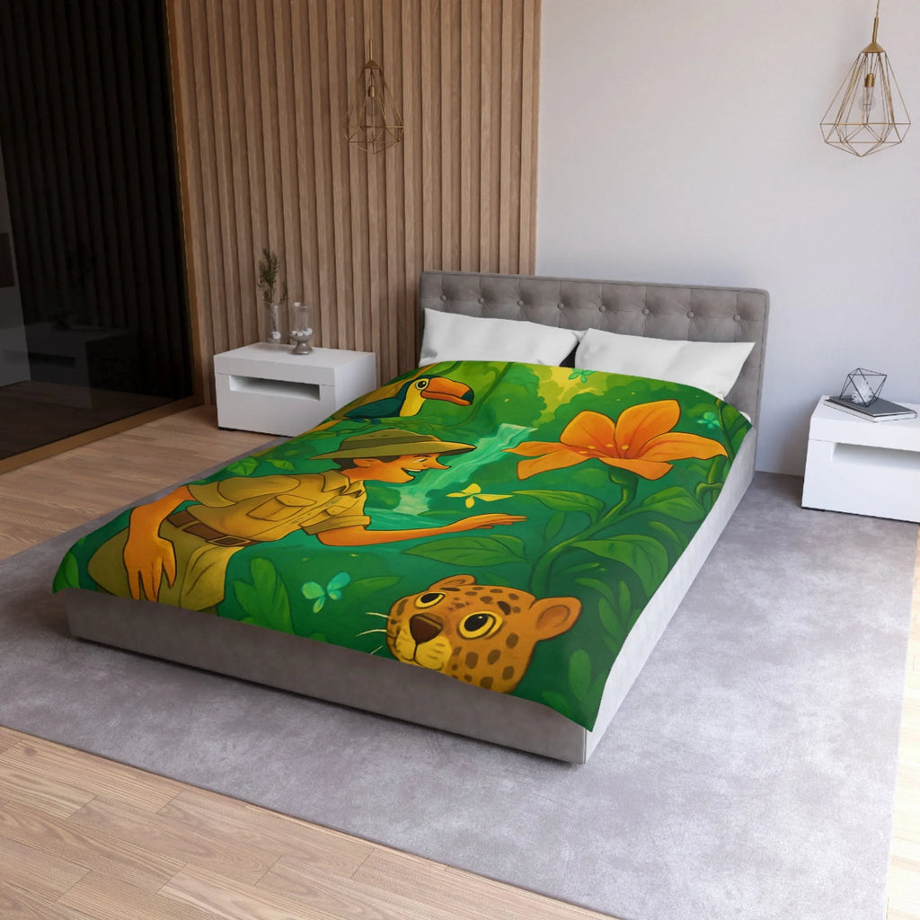 Housse de Couette Jungle Colorée avec Explorateur, Toucan, Léopard et Cascade Enchantée
