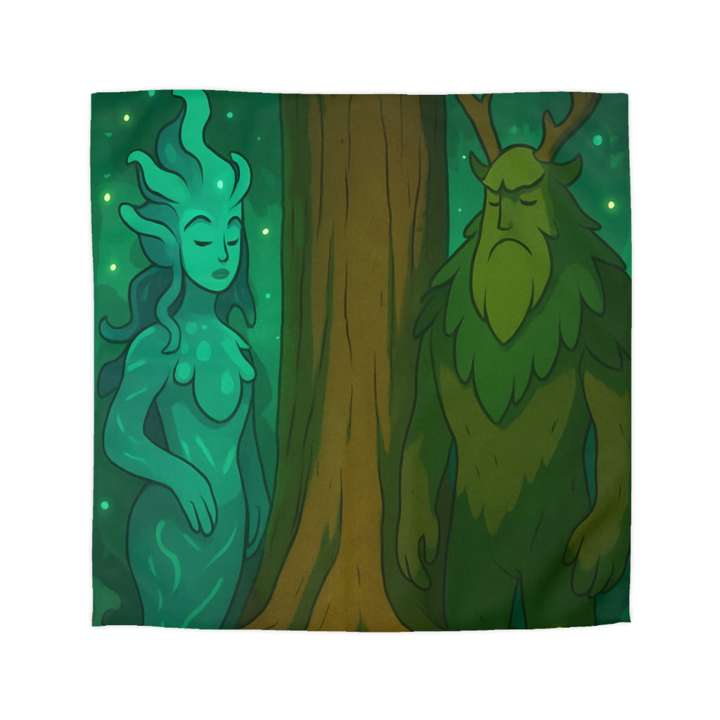 Housse de couette mystique forêt avec figures élémentaires, arbre central et ambiance sereine