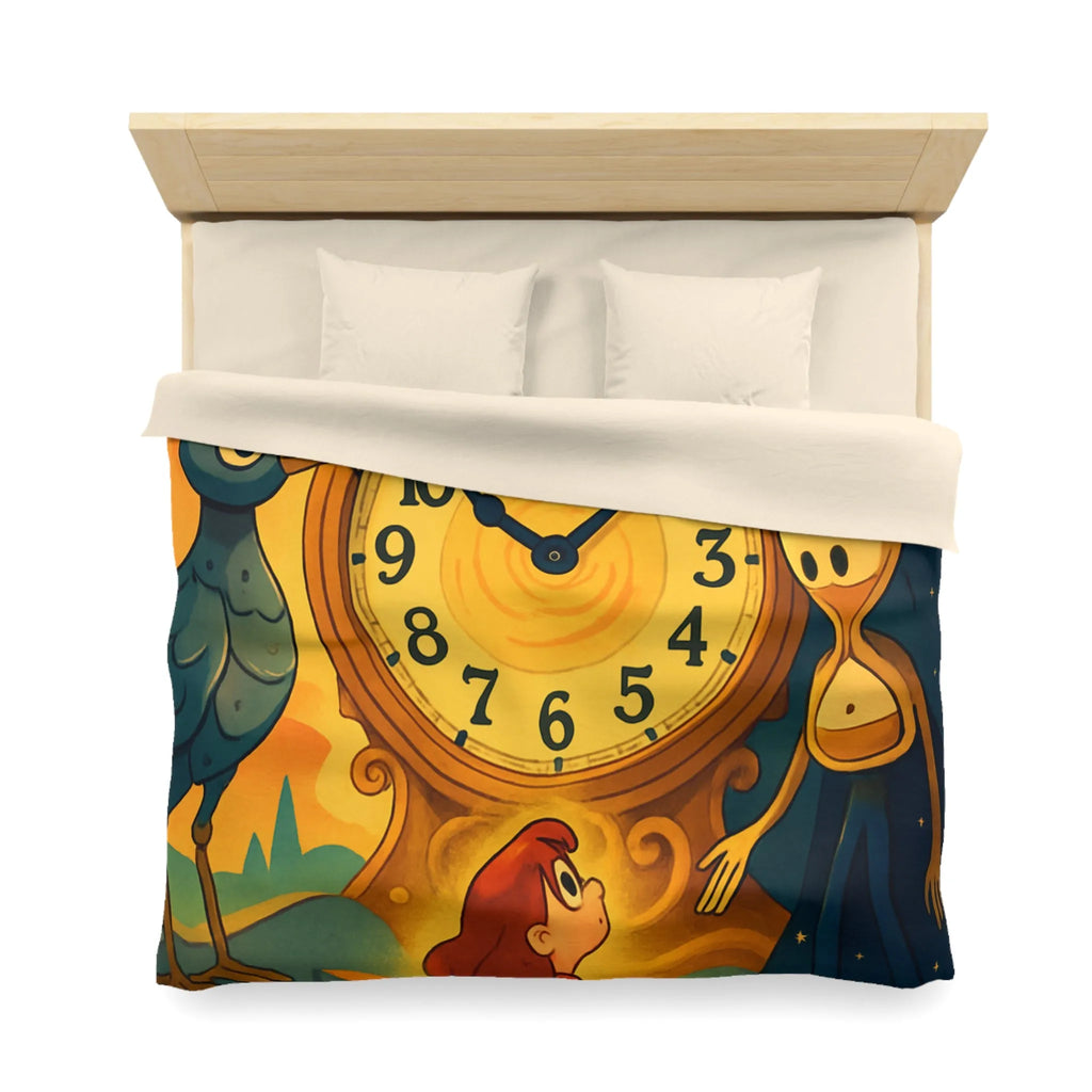 Housse de couette fantastique avec horloge magique et personnages mystérieux en illustration onirique