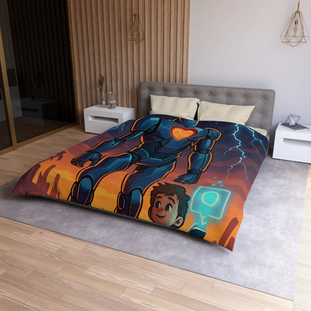 Housse de couette illustrée robot et enfant avec cœur lumineux et ciel orageux