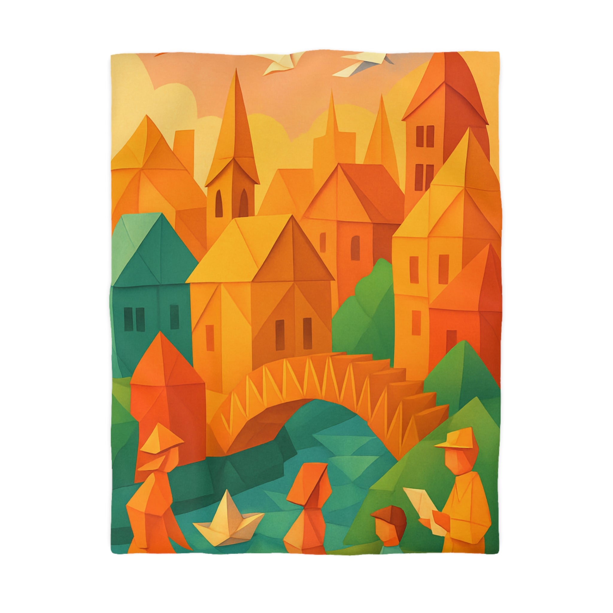 Housse de couette motif origami coloré avec paysage urbain et silhouettes humaines
