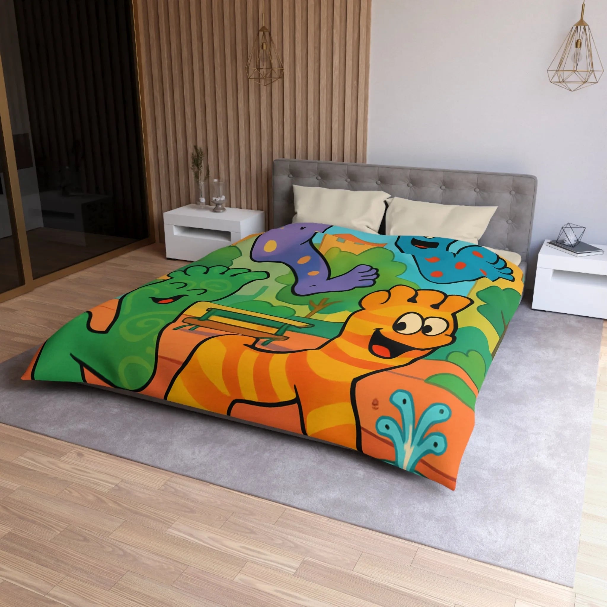 Housse de couette ludique avec motifs pieds colorés dans un parc joyeux urbain