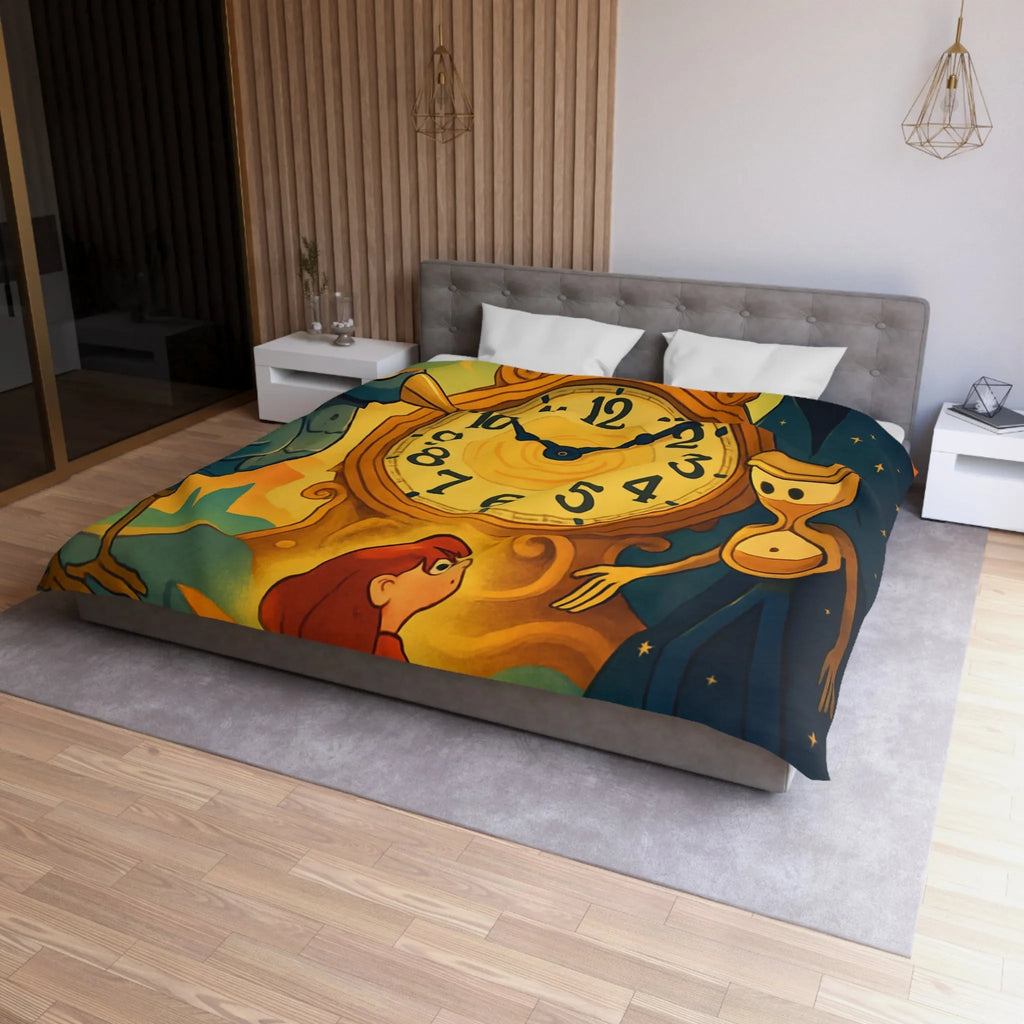 Housse de couette fantastique avec horloge magique et personnages mystérieux en illustration onirique