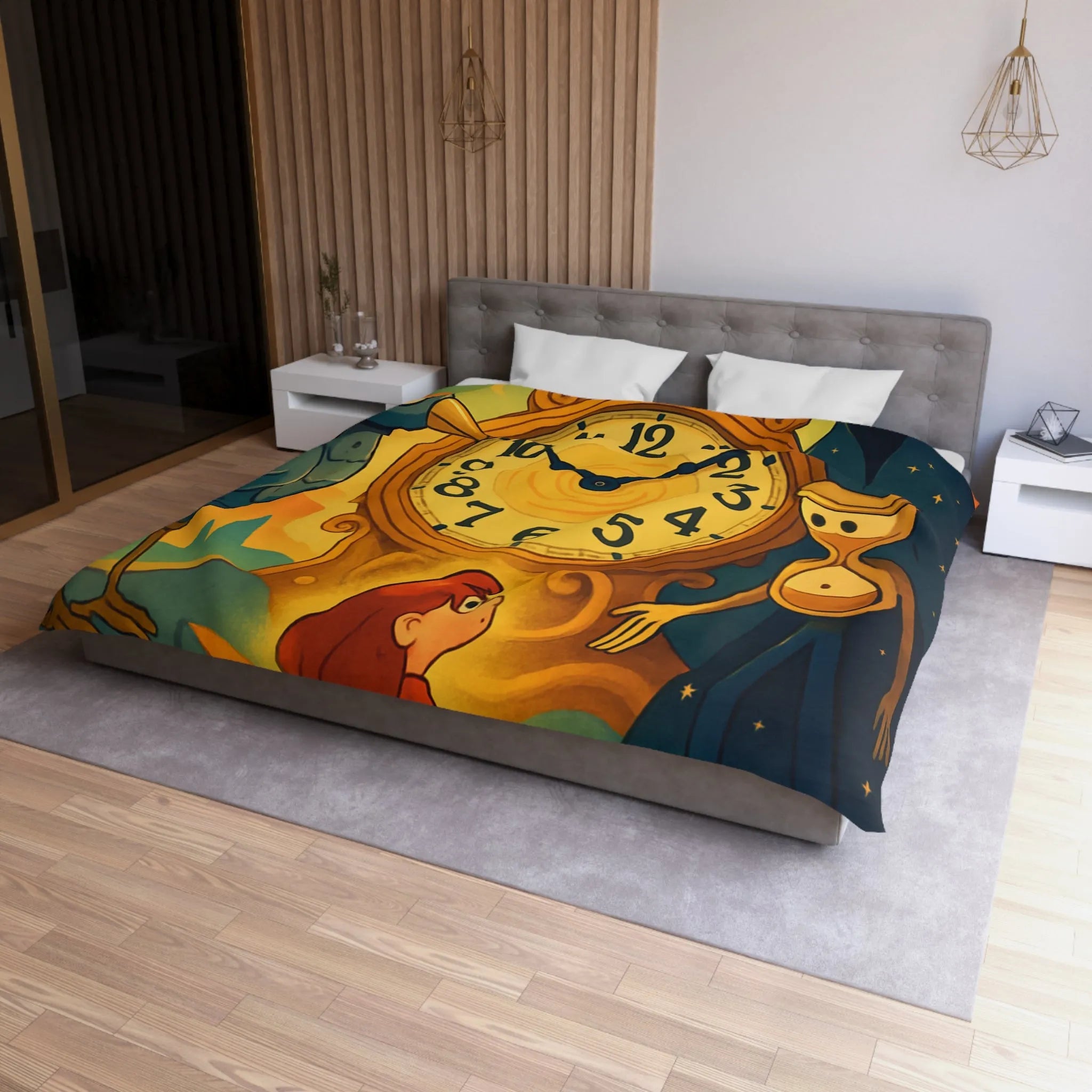 Housse de couette fantastique avec horloge magique et personnages mystérieux en illustration onirique