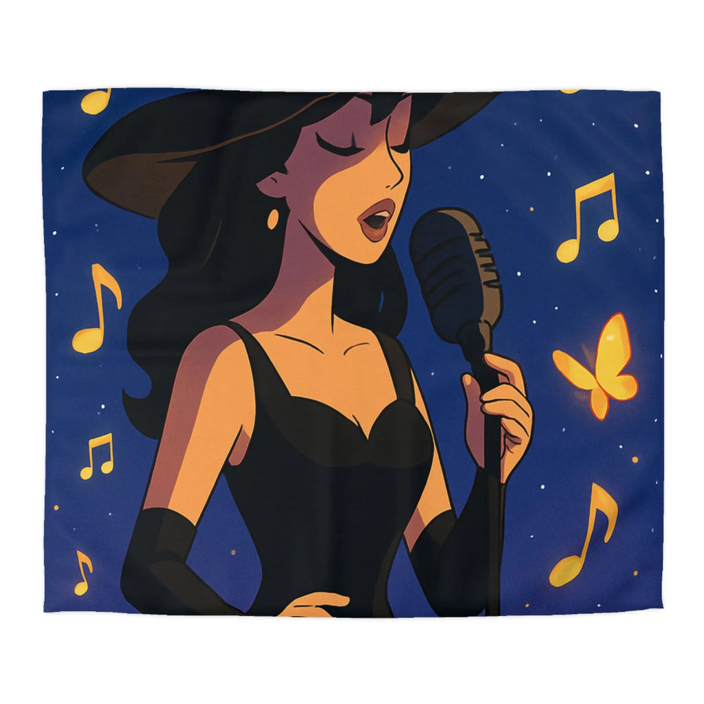 Élégant design musicien nocturne avec notes dorées et papillons sur fond étoilé bleu