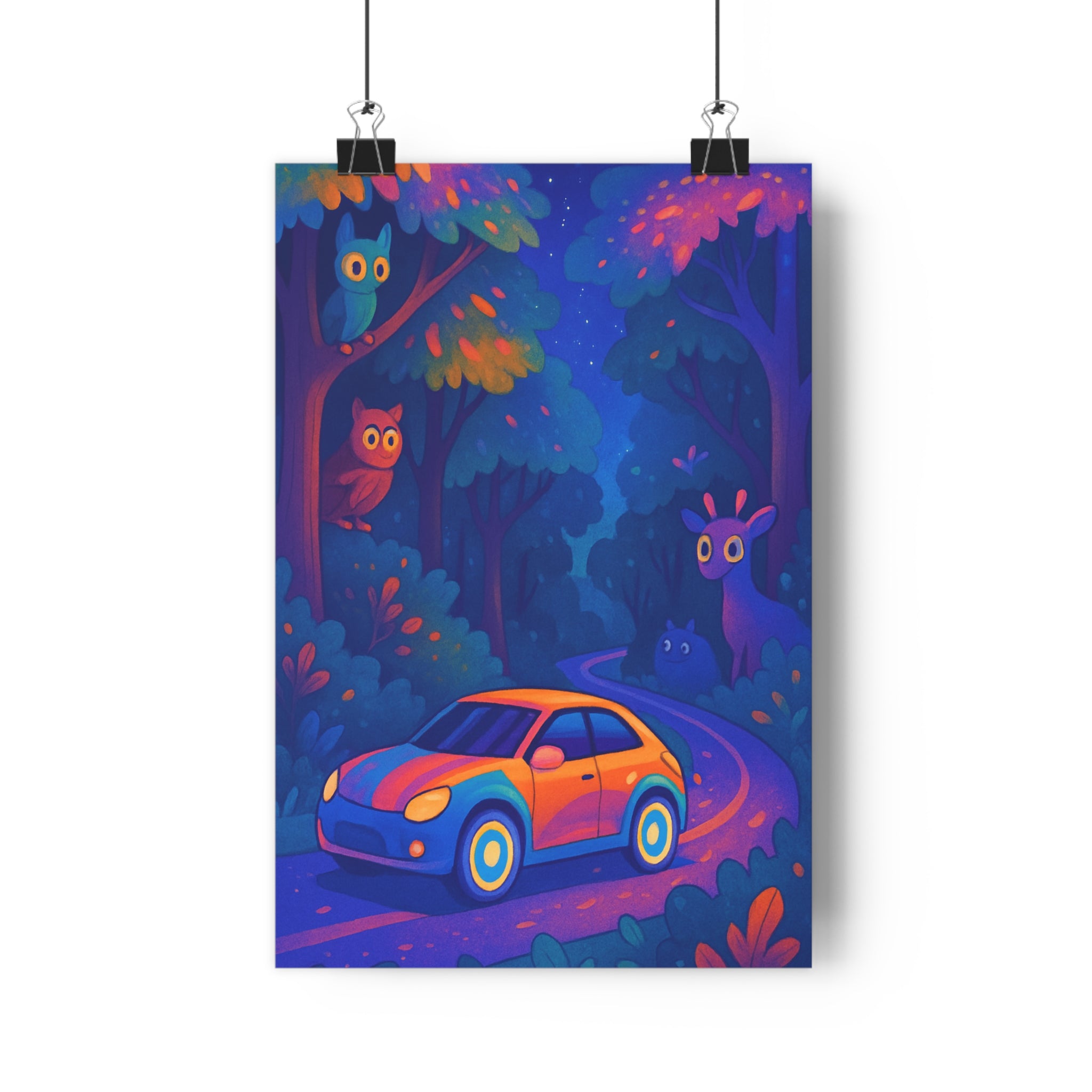 Poster décoratif voiture forêt magique enfant lumineux dessin animé bleu orange violet aventure 30x46