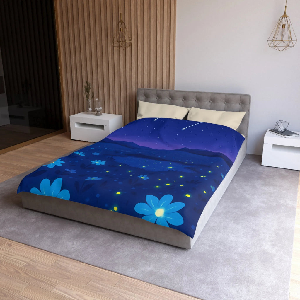 Housse de couette ciel étoilé bleu profond avec fleurs et étoiles filantes éblouissantes