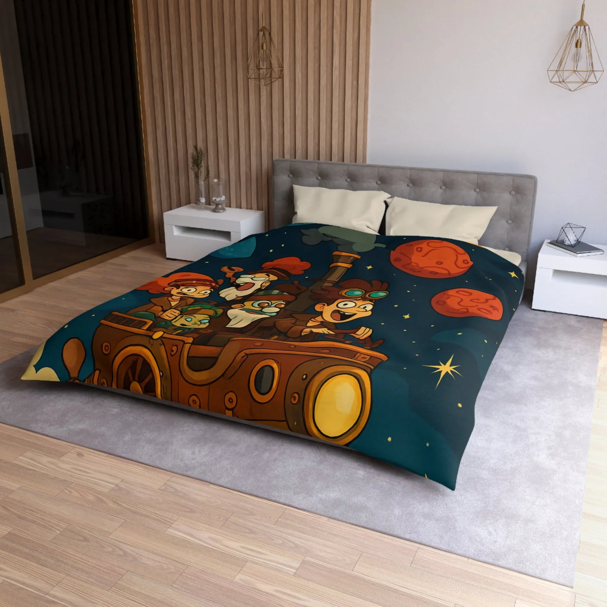 Housse de couette magique pour enfant avec voyage spatial et planètes souriantes colorées
