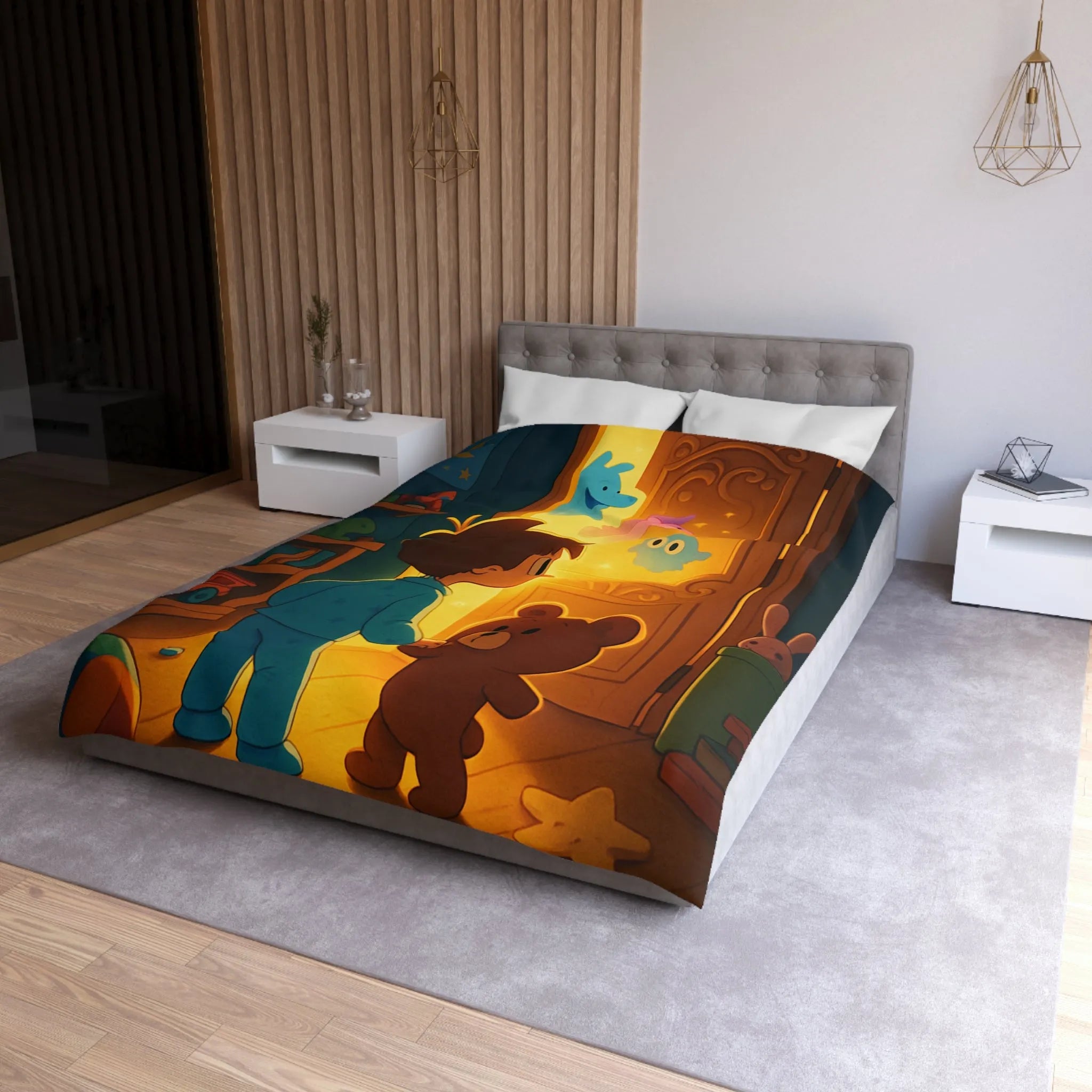 Housse de couette enfant avec motifs lumineux d'animaux magiques en chambre colorée