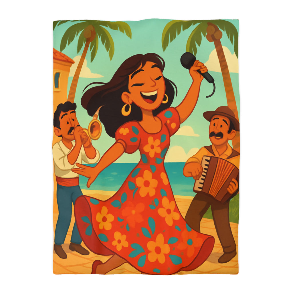 Housse de couette tropicale colorée avec danseuse et musiciens, ambiance joyeuse et festive