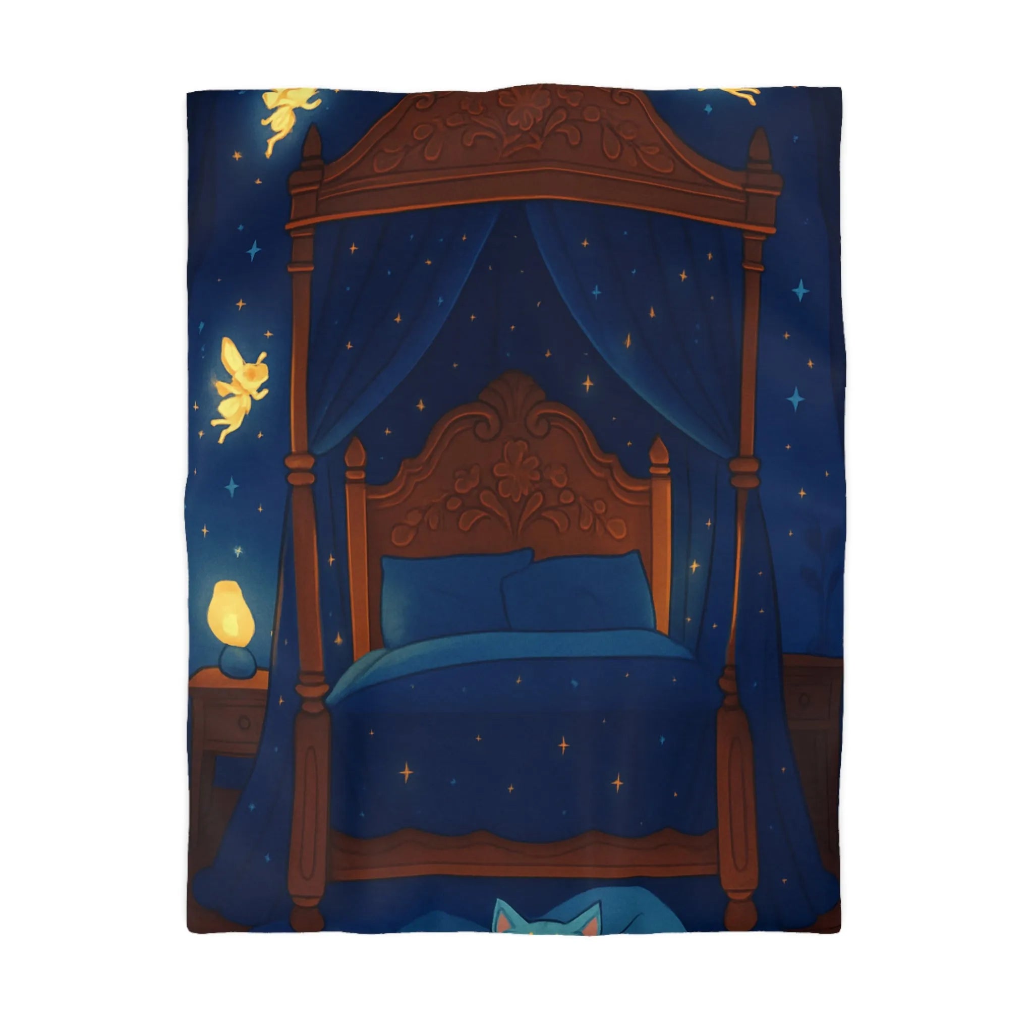 Housse de couette bleue étoilée avec fées et chat endormi, ambiance féérique