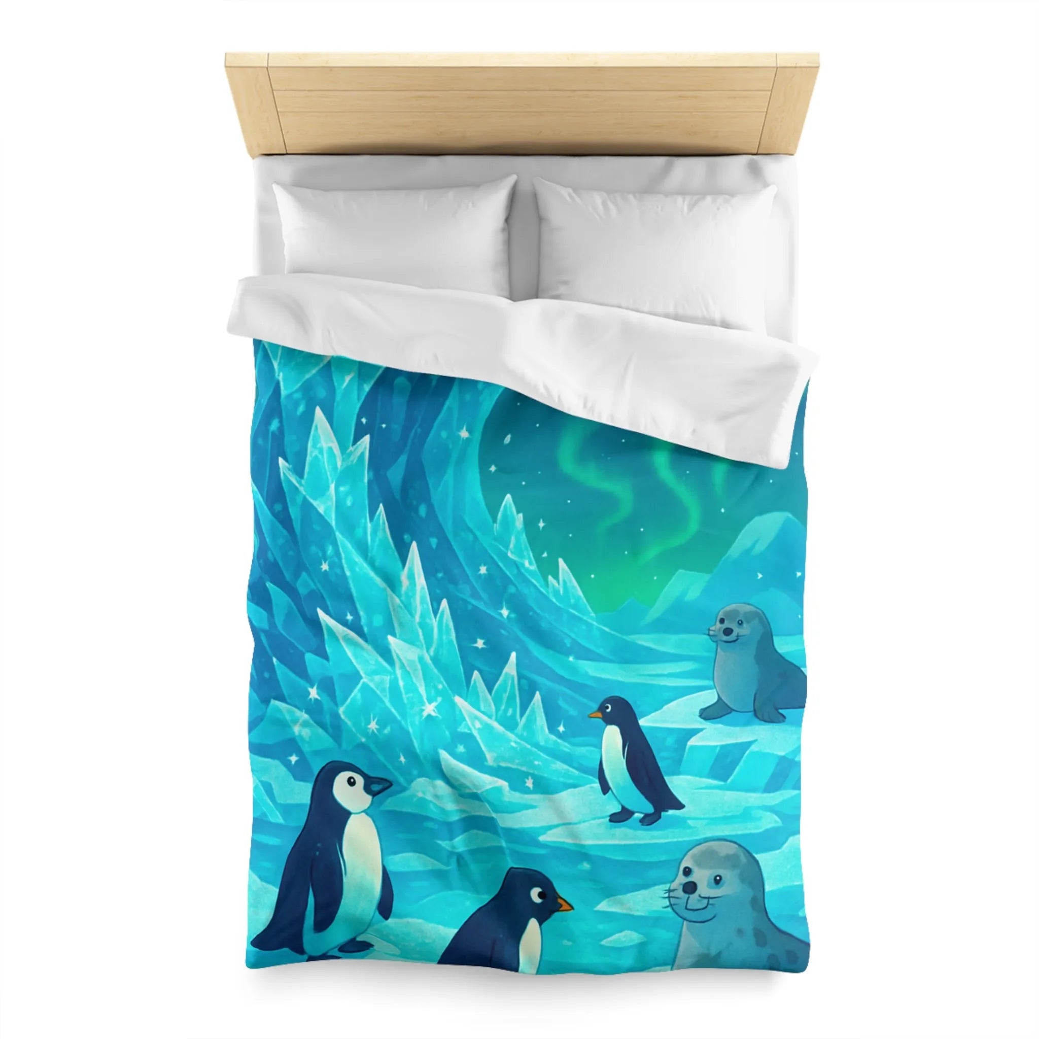 Housse de Couette avec Manchots et Phoques sous Aurore Boréale sur Glace Étincelante