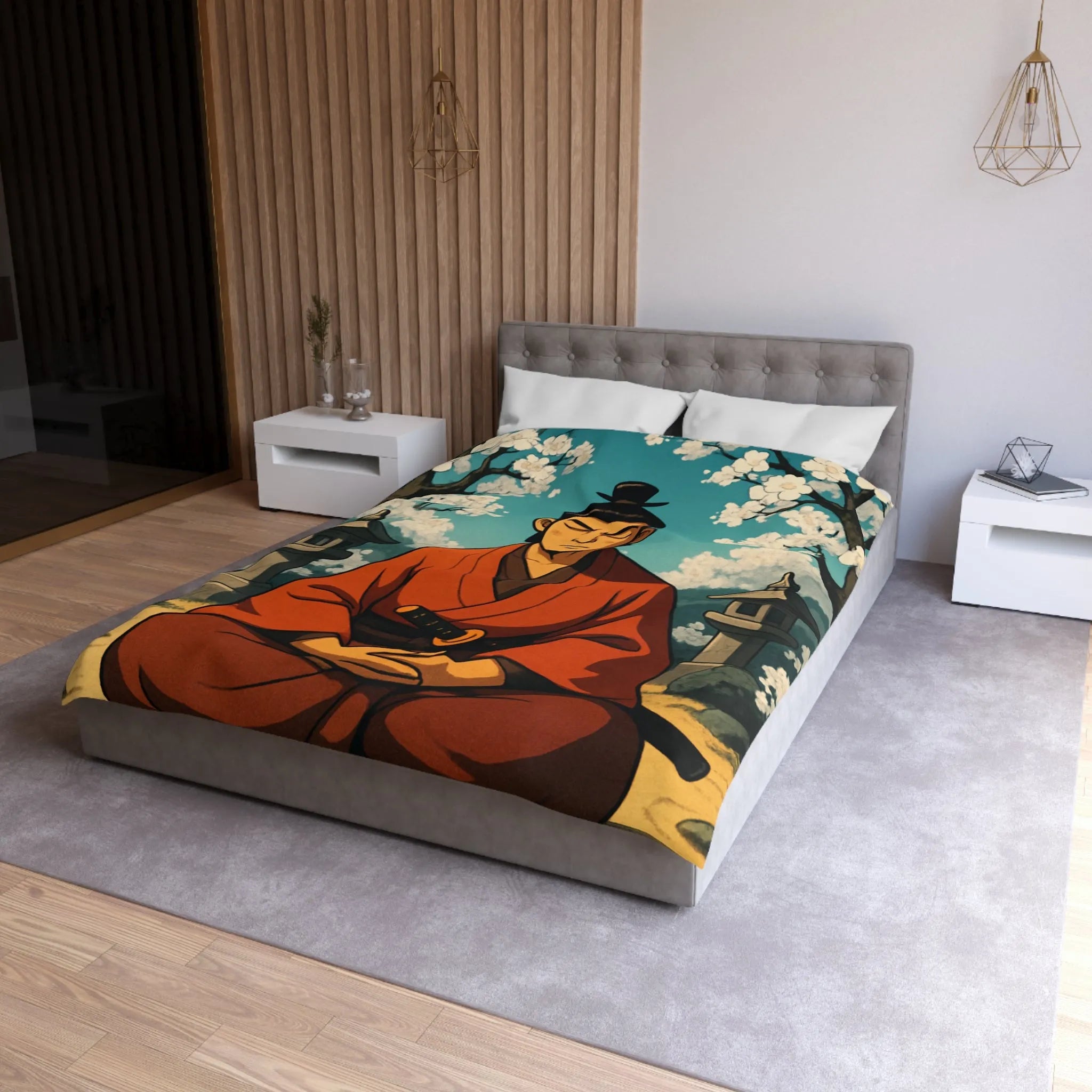 Housse de couette avec design de méditation sereine sous cerisiers en fleurs