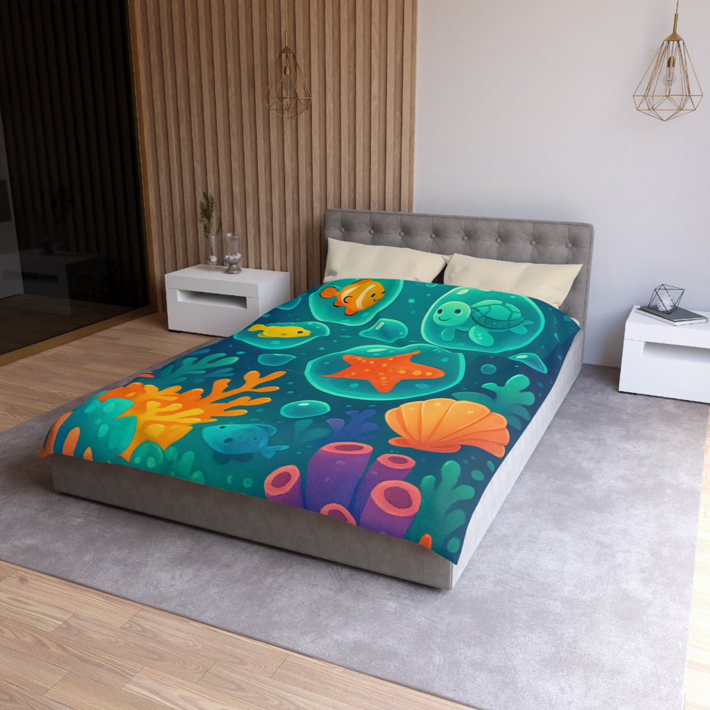 Housse de Couette Océan Animé pour Enfants avec Tortue et Étoile de Mer Mignonne