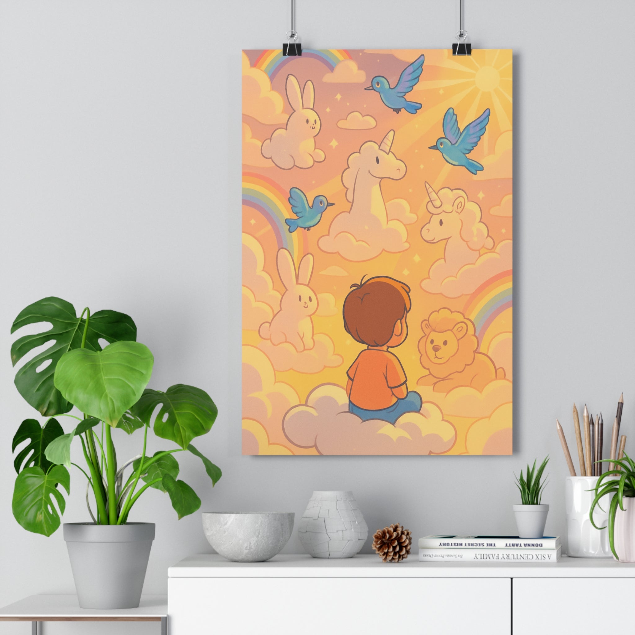 Poster décoratif enfant cartoon rose jaune joyeux chambre créature rêve arcenciel soleil qualité premium