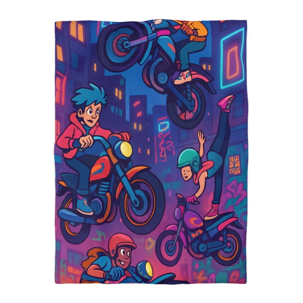 Housse de couette illustrée acrobaties moto urbaines néon dynamique style bande dessinée vibrante