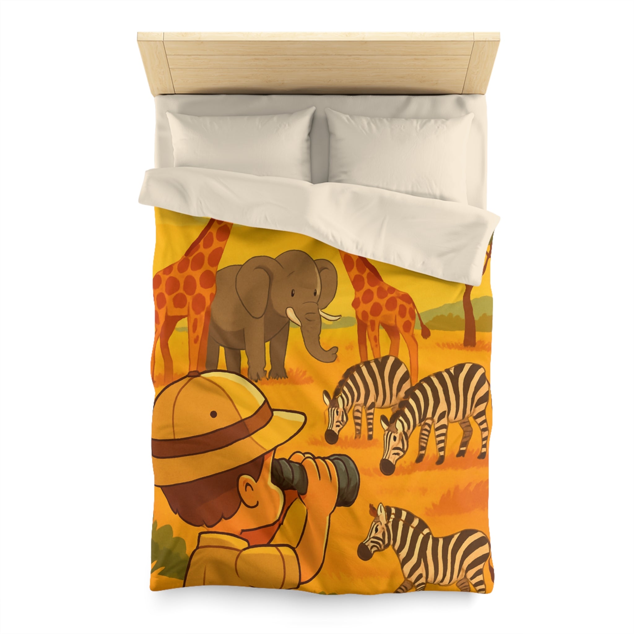 Housse de couette safari enfant avec éléphant, girafes et zèbres dans savane ensoleillée