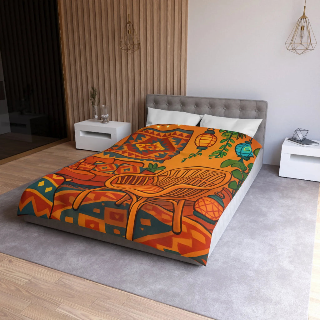 Housse de Couette aux Motifs Géométriques Bohèmes avec Tons Oranges et Bleus Éclatants