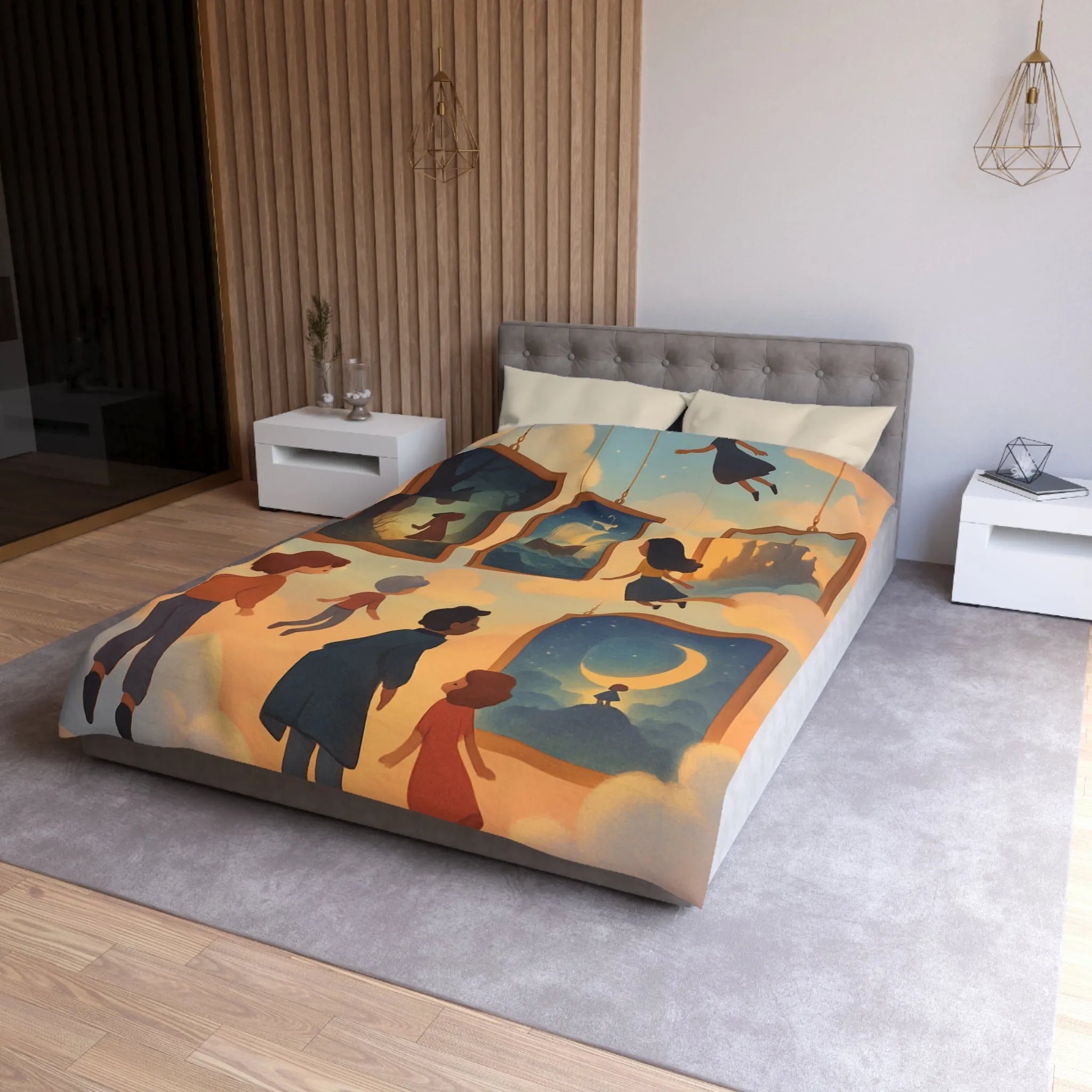 Housse de couette avec enfants volant parmi des tableaux de contes et de rêves