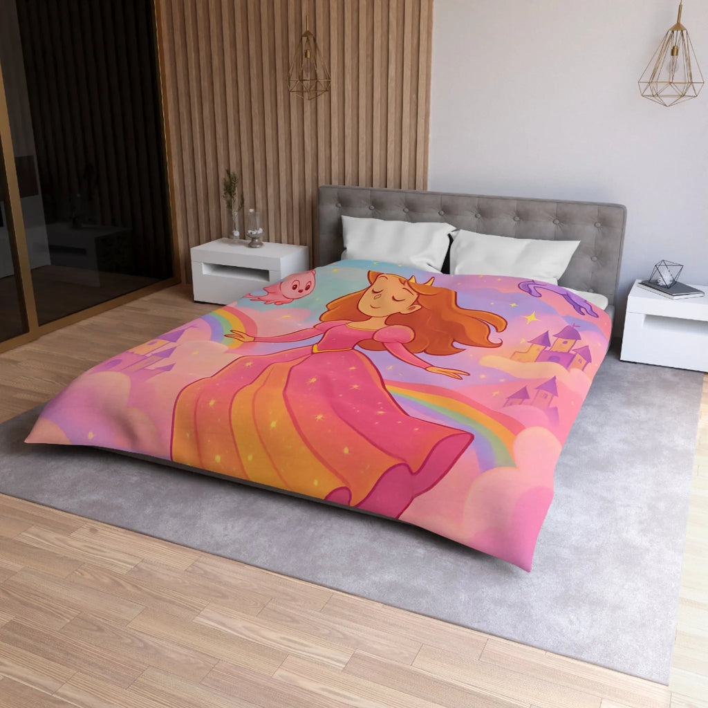 Housse de couette féerique avec princesse et animaux volants, arc-en-ciel pastel doux