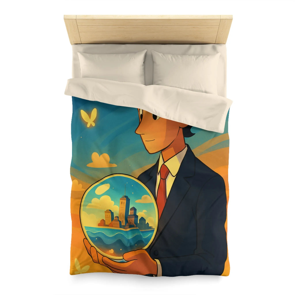 Housse de couette avec illustration surréaliste d'un homme tenant une sphère magique