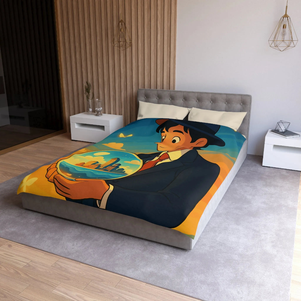 Housse de couette avec illustration surréaliste d'un homme tenant une sphère magique