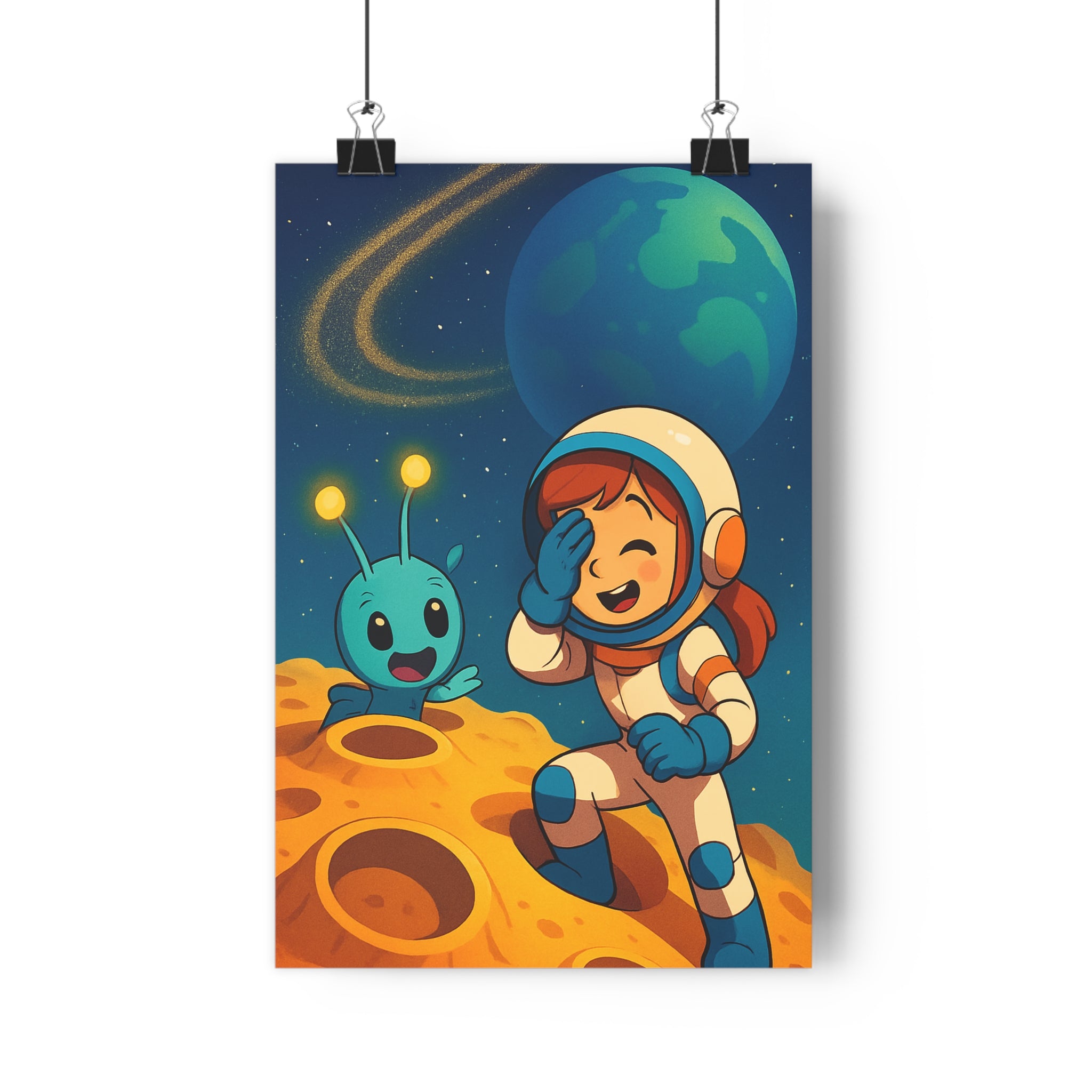 Poster décoratif lunaire enfant bleu jaune cartoon joyeux chambre aventure fantaisie rétro futuriste spaciale
