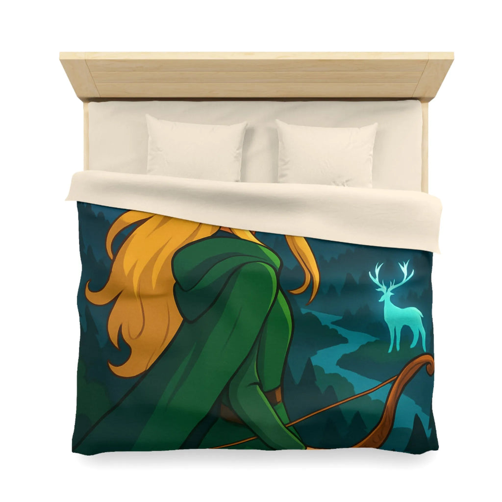 Housse de couette avec elfe archère, cerf lumineux, forêt montagneuse et ciel étoilé