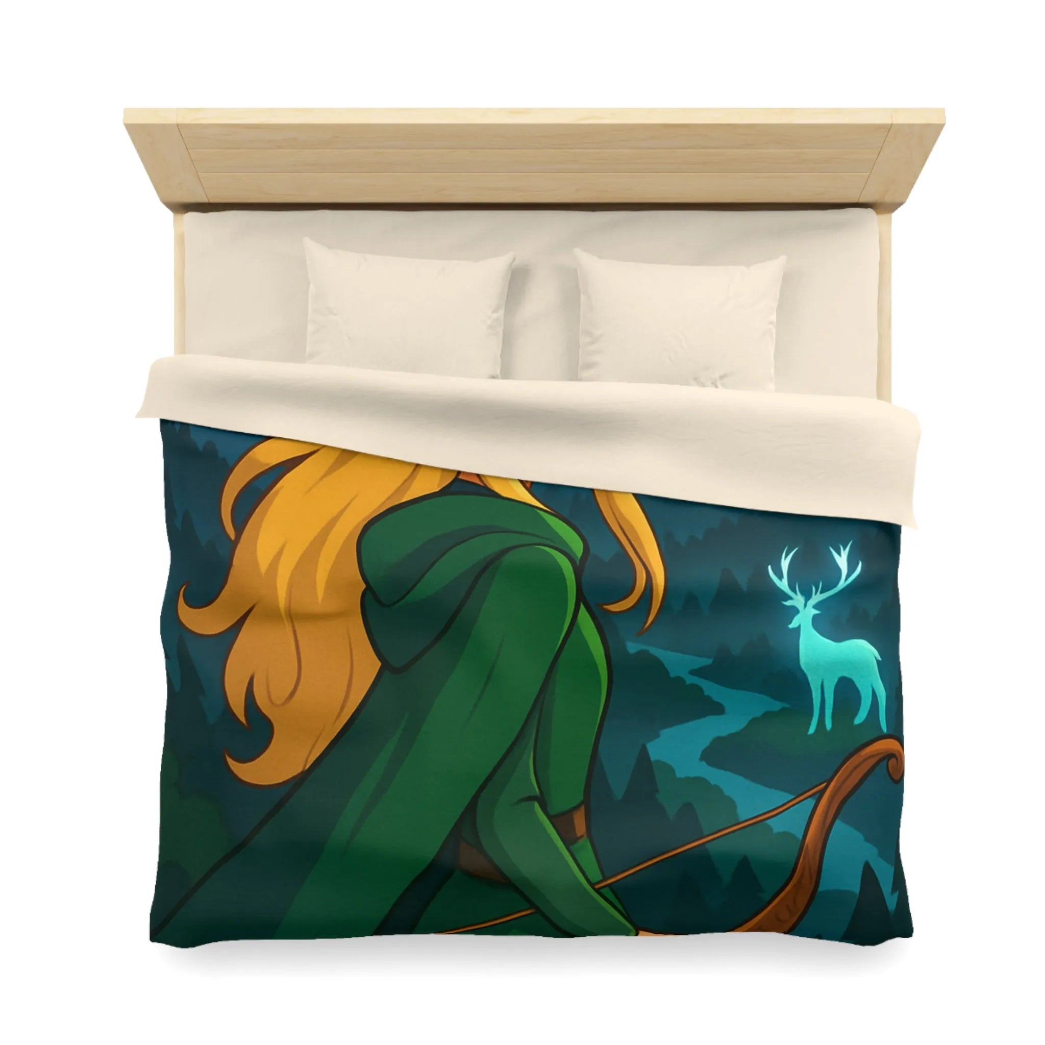 Housse de couette avec elfe archère, cerf lumineux, forêt montagneuse et ciel étoilé